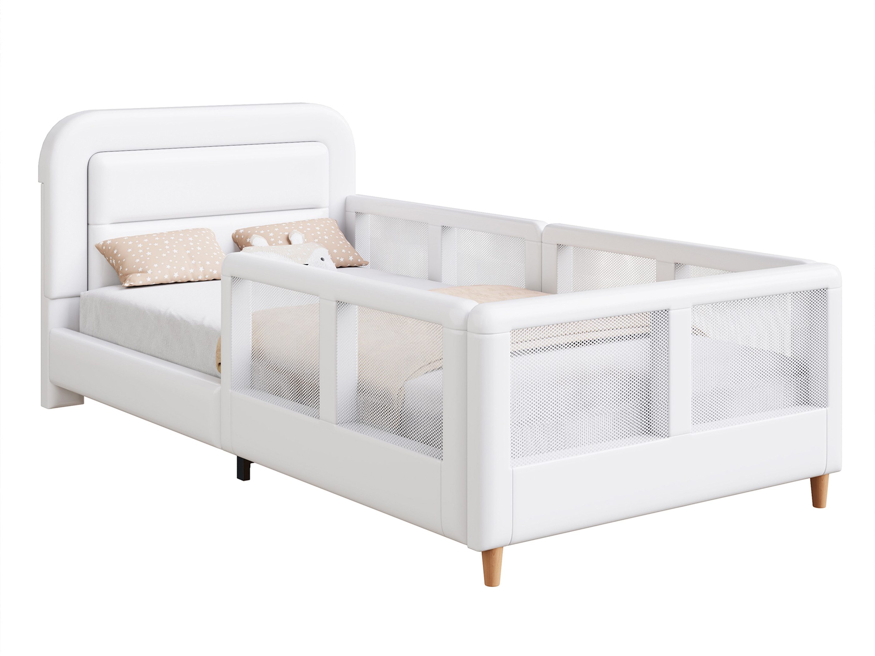 SeedWave Polsterbett PU-Leder Kinderbett Holzgestell mit Gepolstertem Kopfteil, 90×200cm, Skandinavisches Einzelbett, das Schutzgeländer mit Netzstoff