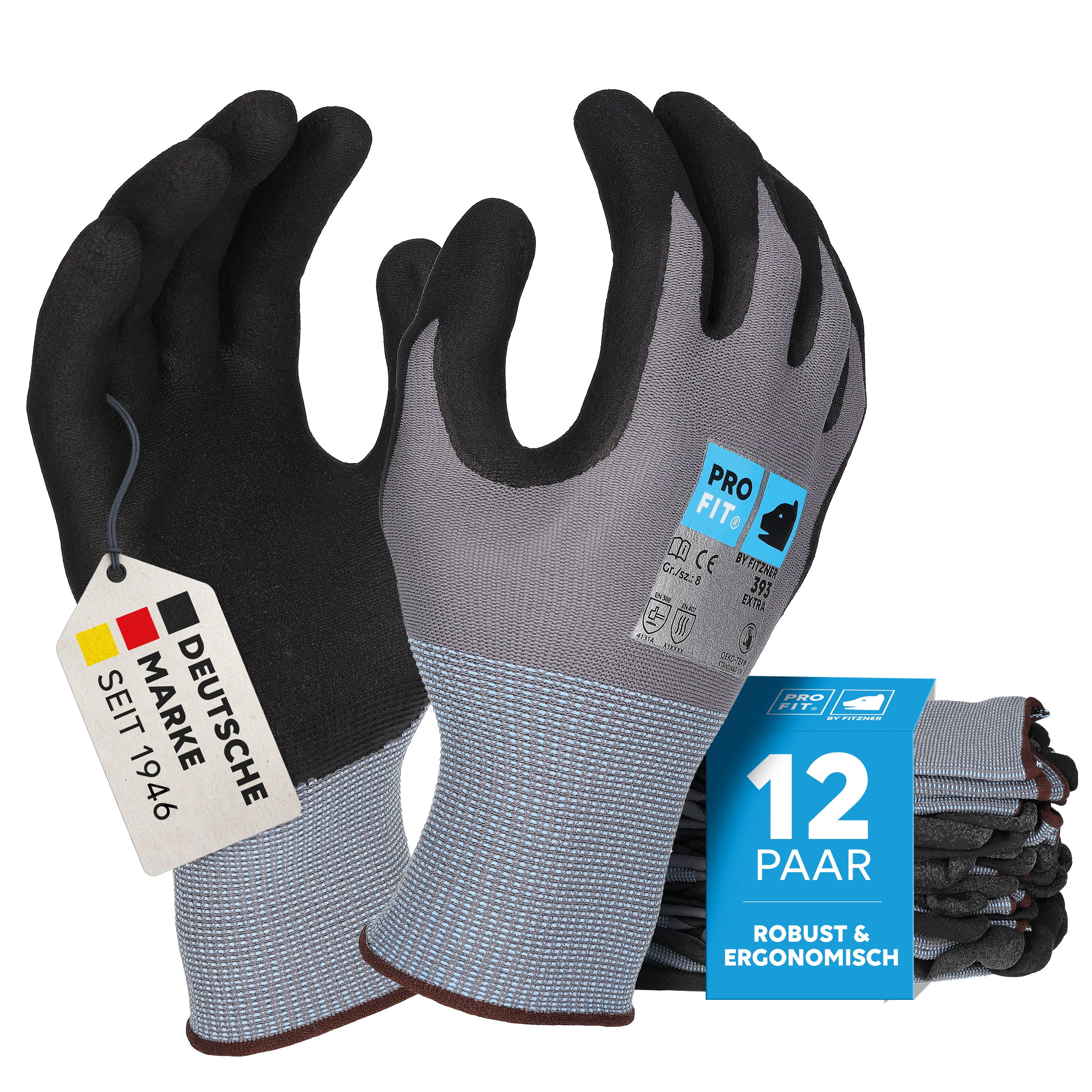 PRO FIT Montage-Handschuhe aus Nitrilschaum, Arbeitshandschuhe (12, Paar) ERGO-FIT Passform, Atmungsaktiv, Tastgefühl, Touchscreenfähig