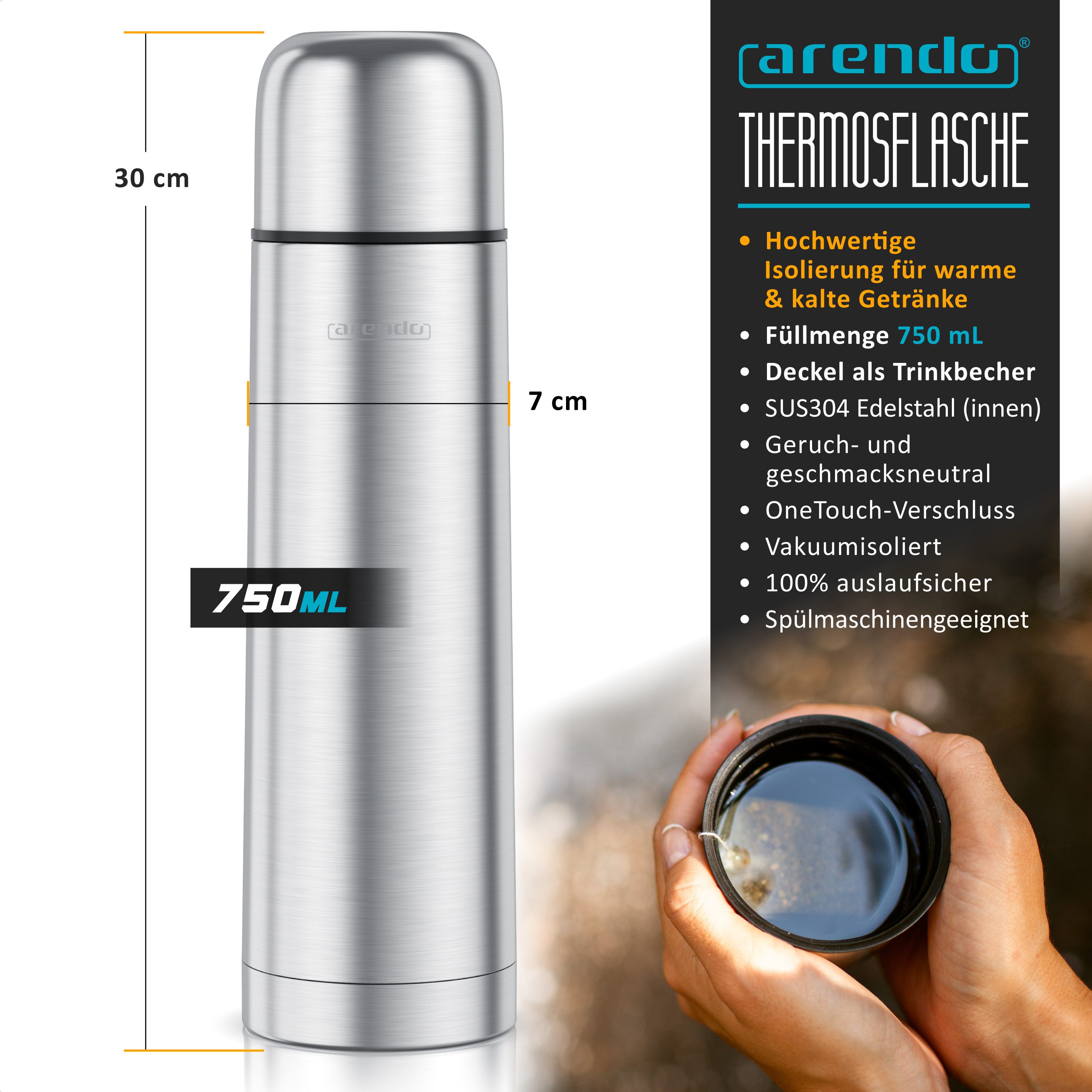 Arendo Thermoflasche Isolierflasche 0,75 L, auslaufsichere Edelstahl Outdoor Trinkflasche, hält Stundelang kalt & warm, BPA-frei, geschmacksneutral, 750 ml