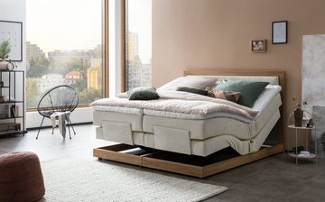 Belanoti Boxspringbett MODELA (Boxspringbett 160x200 elektrisch verstellbar Bett 160x200 mit Motor, 7-Zonen Taschenfederkern Matratze inklusive Visco Topper), in der Farbe Beige H2/H3 Polsterbett Motorbett mit Eiche