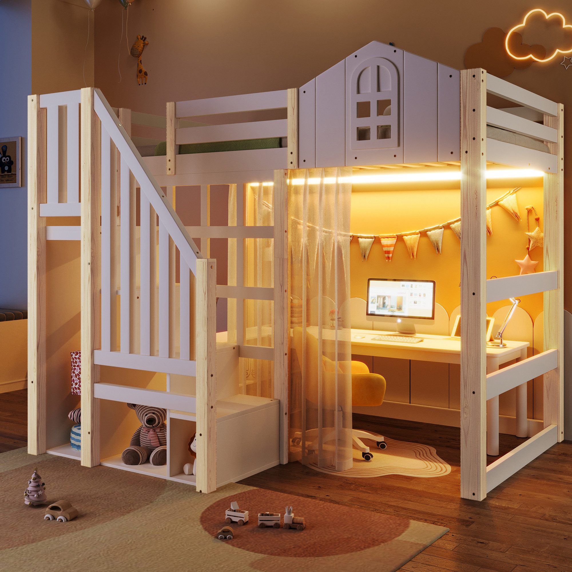 Ulife Etagenbett Hochbett Kinderbett mit LED-Leuchten, Fensterform, Ablageleiter (1-St., Ohne Matratze), Weiß+Natur,90x200cm