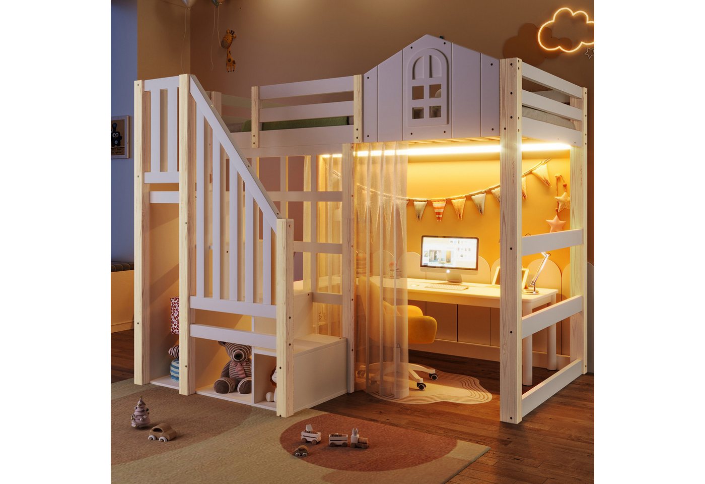 Ulife Etagenbett Hochbett Kinderbett mit LED-Leuchten, Fensterform, Ablageleiter (1-St., Ohne Matratze), Weiß+Natur,90x200cm