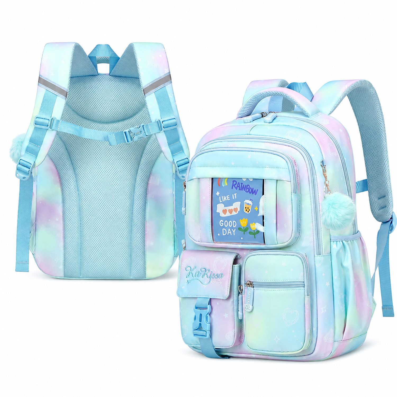 MOPUEA Schulrucksack Schulrucksack Rucksack mit viele Fächer, wasserabweisend (Schulrucksack-Set, Schulrucksack mit mehreren Fächern und Seitentaschen), 3D-Rückenpolster, Reflexstreifen, wasserabweisend, viele Fächer
