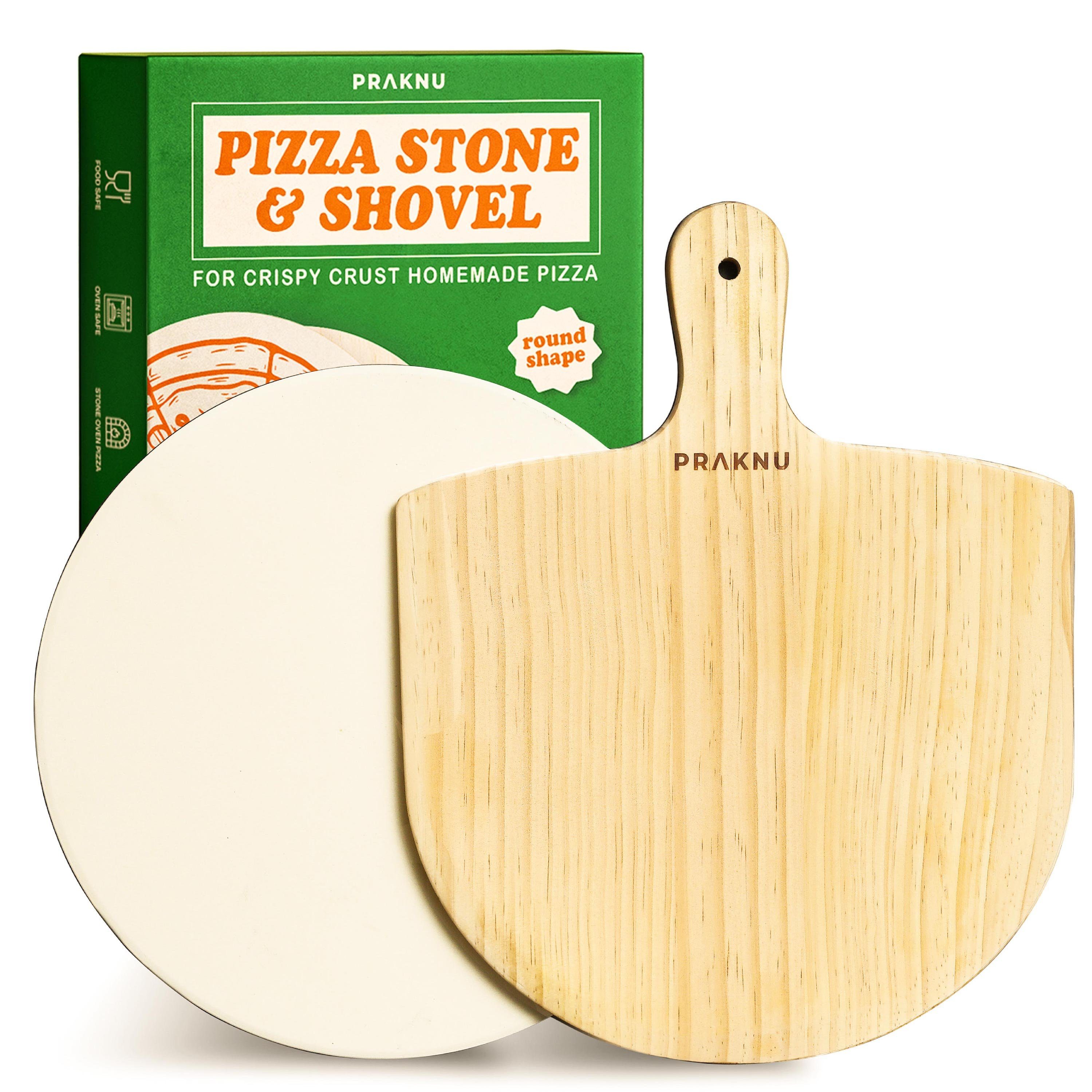 Praknu Pizzastein Pizzastein Rund und Pizzaschieber im 2er Set, Cordierit, (Set, 2-St), Steinplatte mit 30 cm Ø - Pizzaschaufel aus ganzem Holz