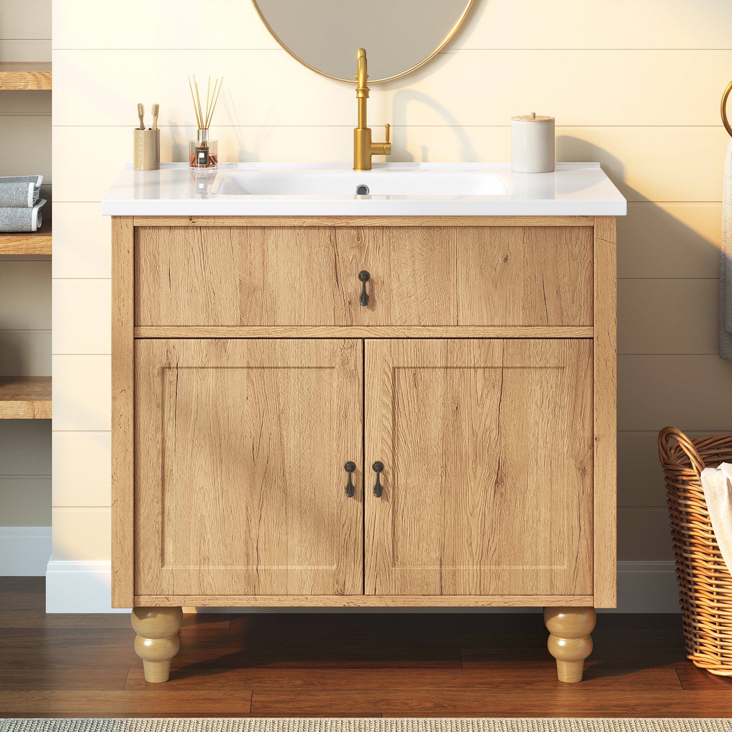 Flieks Waschtisch Waschbeckenunterschrank, Retro-Massivholzbeine & Retro-Schwenkgriff (bodenstehend, Badschrank mit Soft-Close-Funktion-Scharnieren, 1-St., 81x47x86 cm), Badezimmerschrank mit Waschbecken, Klappen& Türregal Holzoptik Natur