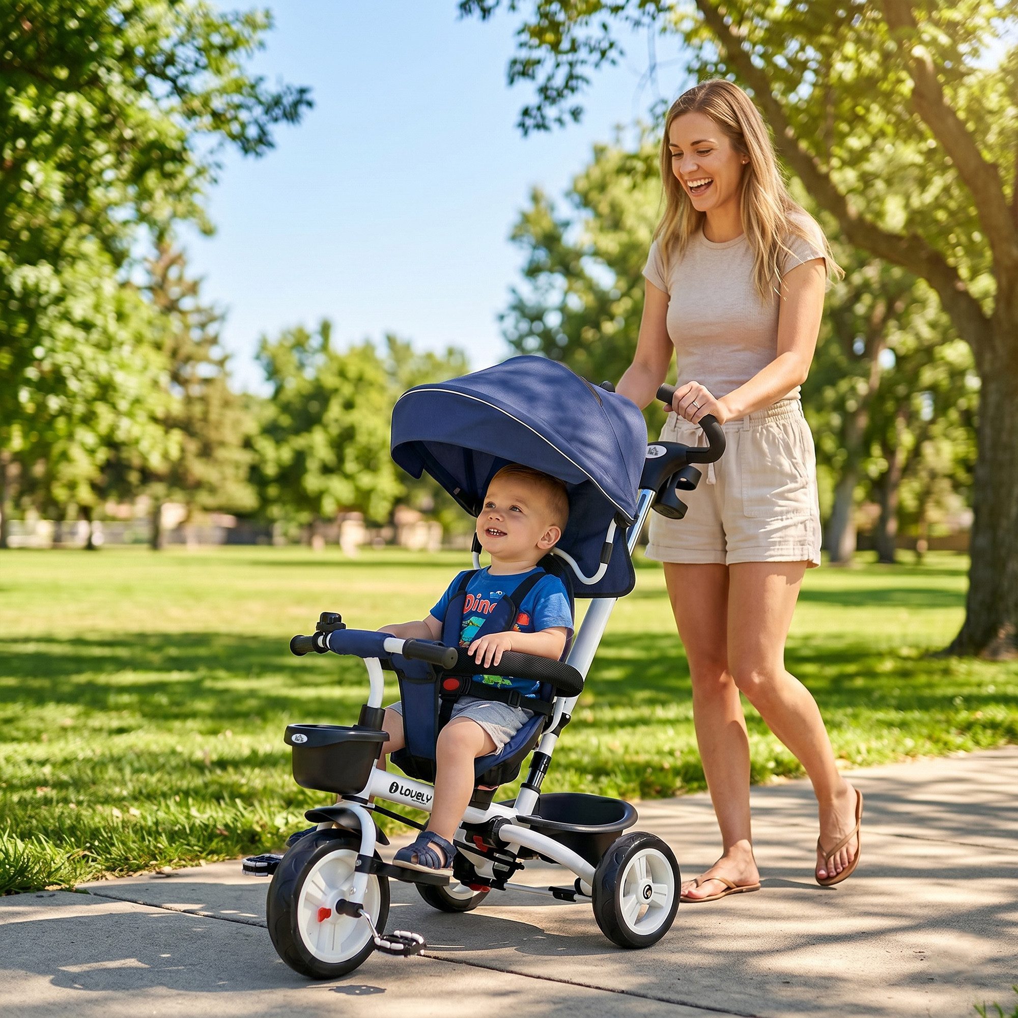 HOMCOM Dreirad Kinderdreirad mit Sicherheitsgurt, Schubstange, für 1-5 Jahre Kinder, Blau