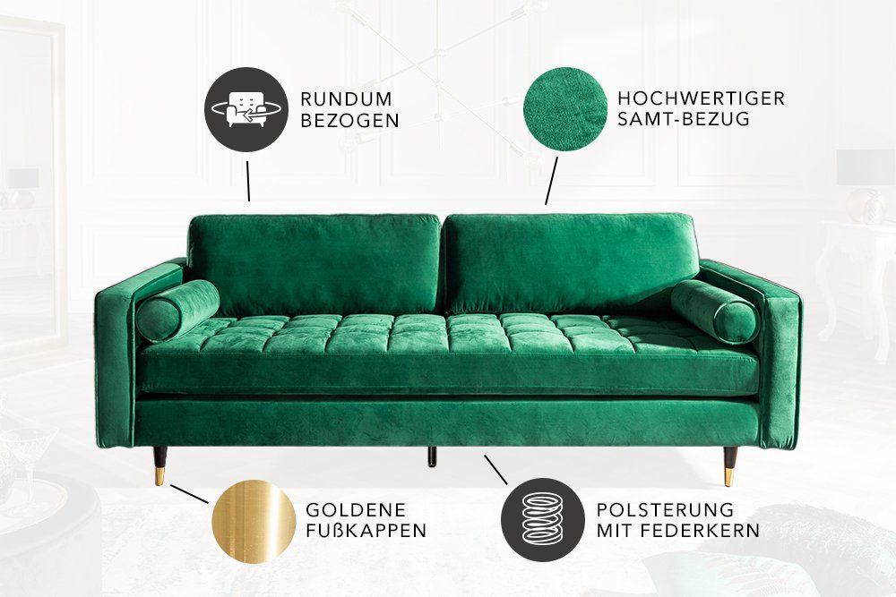 3-Sitzer mit Design Federkern VELVET COZY Wohnzimmer · Kissen Samt smaragdgrün riess-ambiente 1 Barock gold, · schwarz · Polster · 220cm · Einzelartikel / Teile, /