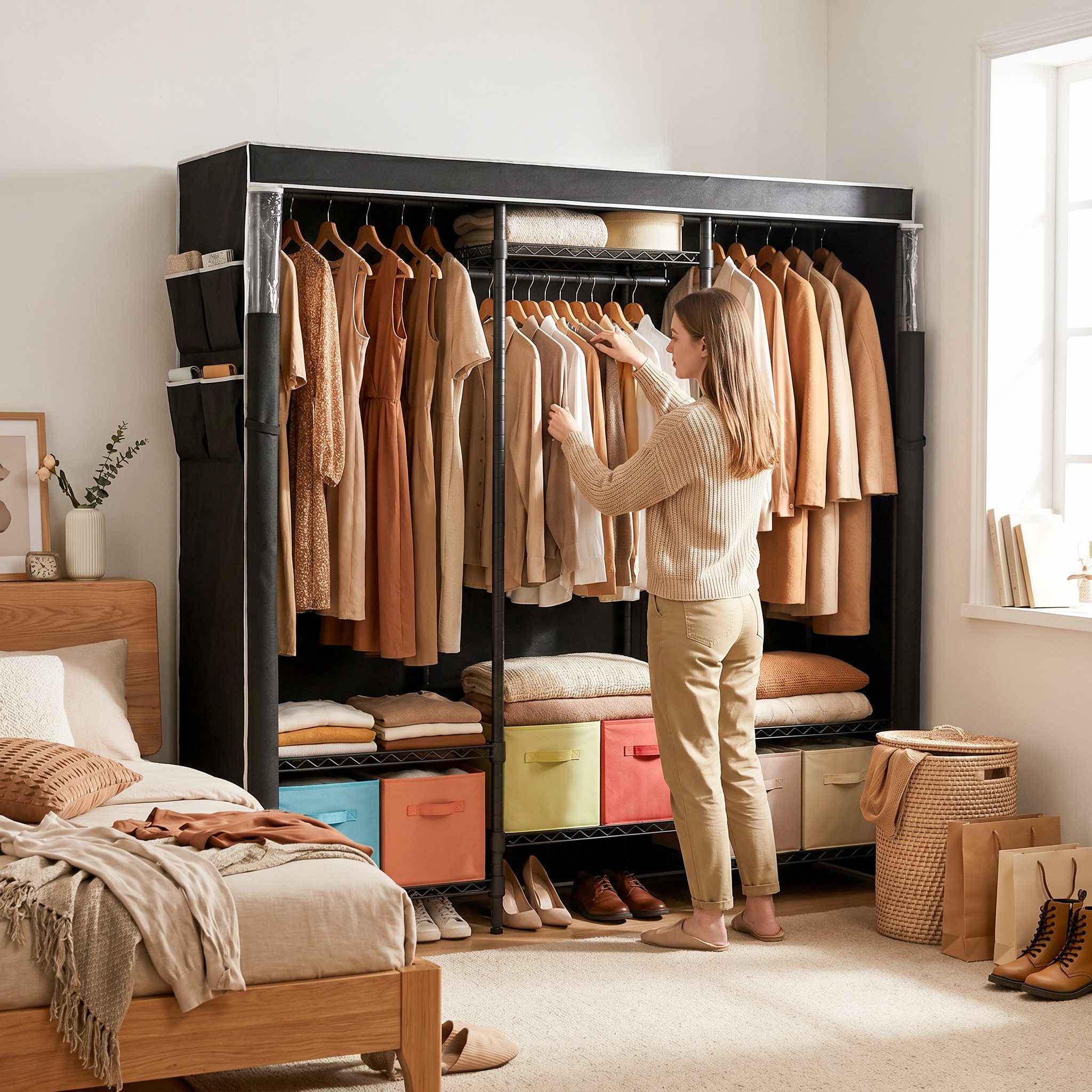 Mondeer Kleiderschrank Garderobenständer mit Staubschutzhülle (40 x 175 x 180 cm) mit Sichtfenster, 8 Ablagen, 4 Kleiderstangen, bis 70 kg pro Ebene – Bild 3 von 5