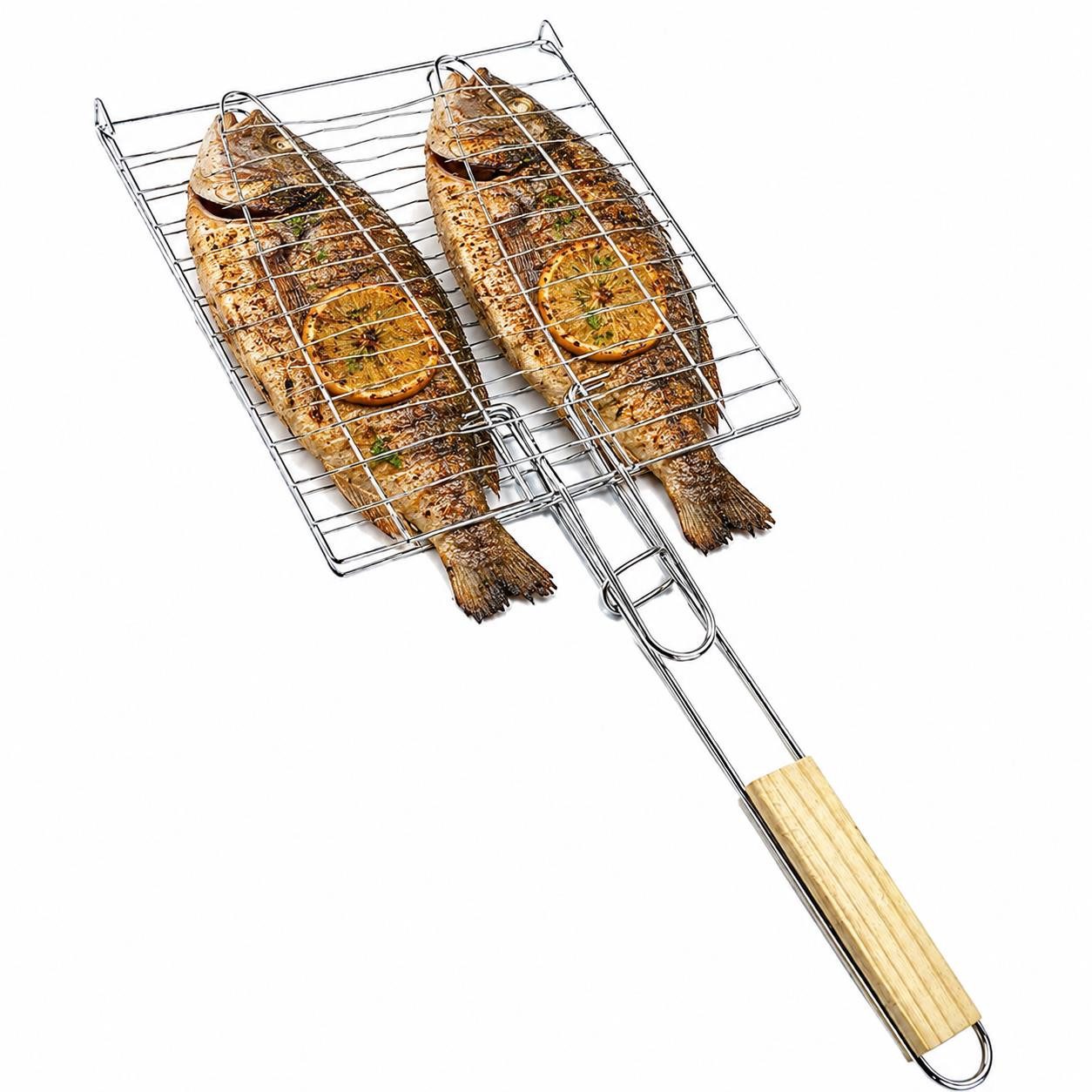 BAYLI Grillspieß Fischbräter mit Holzgriff 23,5 x 23,5 cm – Fischkorb Grillkorb Fischha