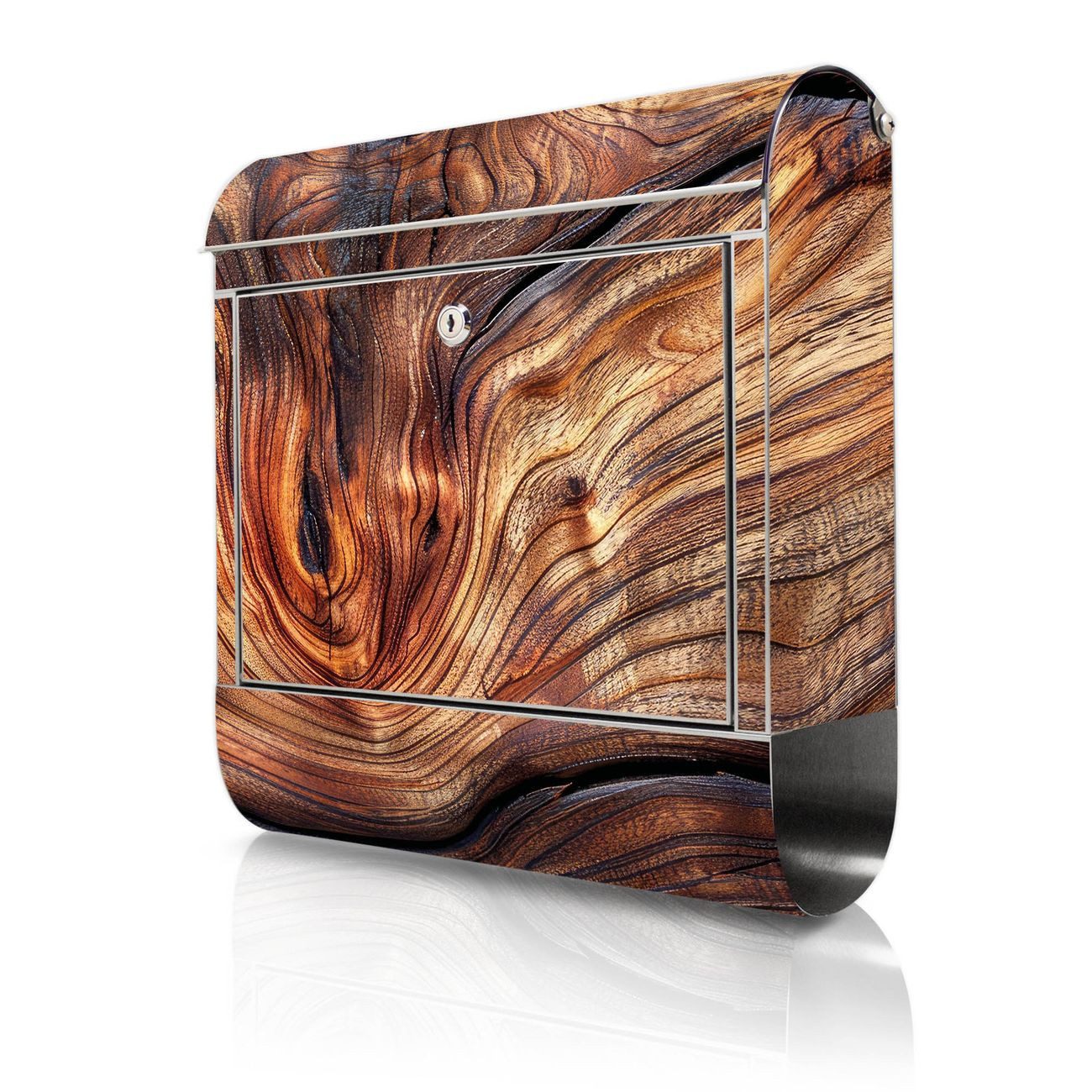 banjado Wandbriefkasten Edelstahl mit Motiv Holz Gemasert Kurve (Wandbriefkasten groß, mit Zeitungsfach), 38 x 42,5 x12 cm