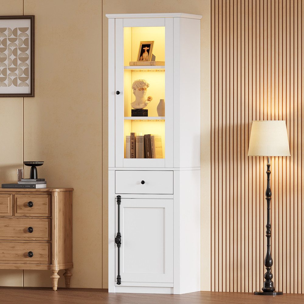 BBWL Vitrine Hochschrank mit LED-Beleuchtung, 2 Türen, 3 Ebenen, Schublade Glasvitrine mit Stauraum, Weiß, 55 x 40 x 200 cm