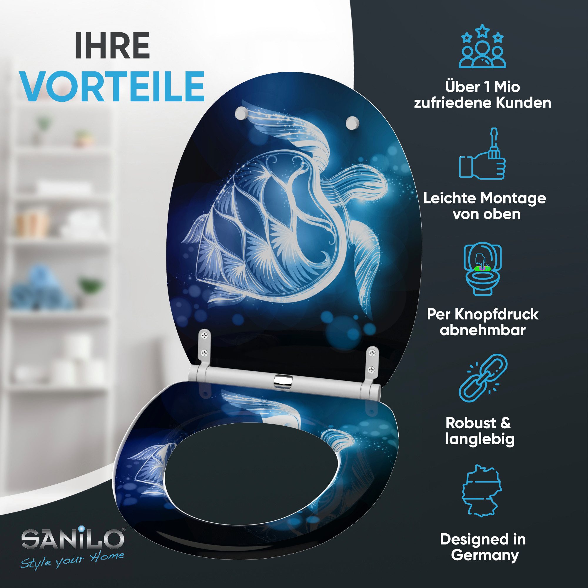 Sanilo WC-Sitz Glow Turtle mit Absenkautomatik & Quick Release, hochwertig, abnehmbar, leichte Montage von oben, mit Schraubenzieher