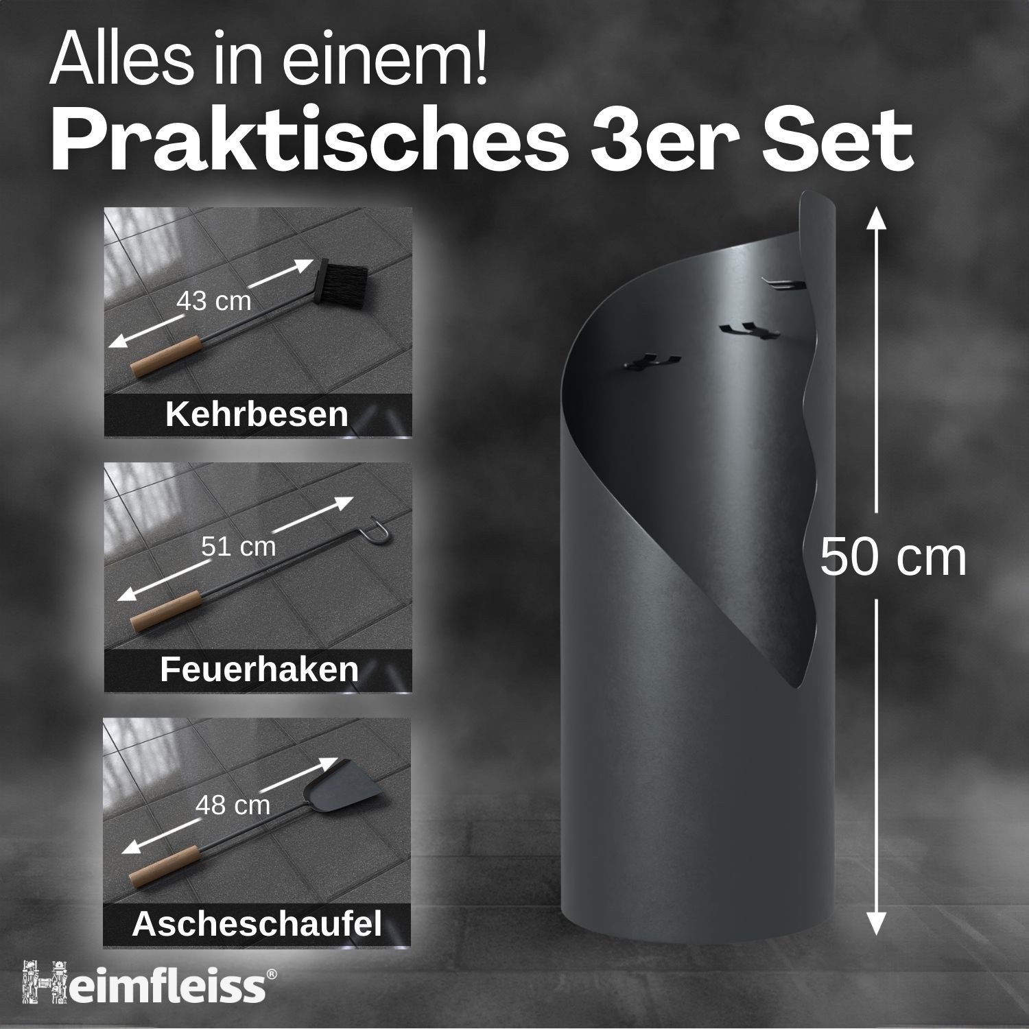 Heimfleiss® Kamingarnitur Modernes Kaminbesteck aus Stahl & Holz – 3-teilig günstig online kaufen