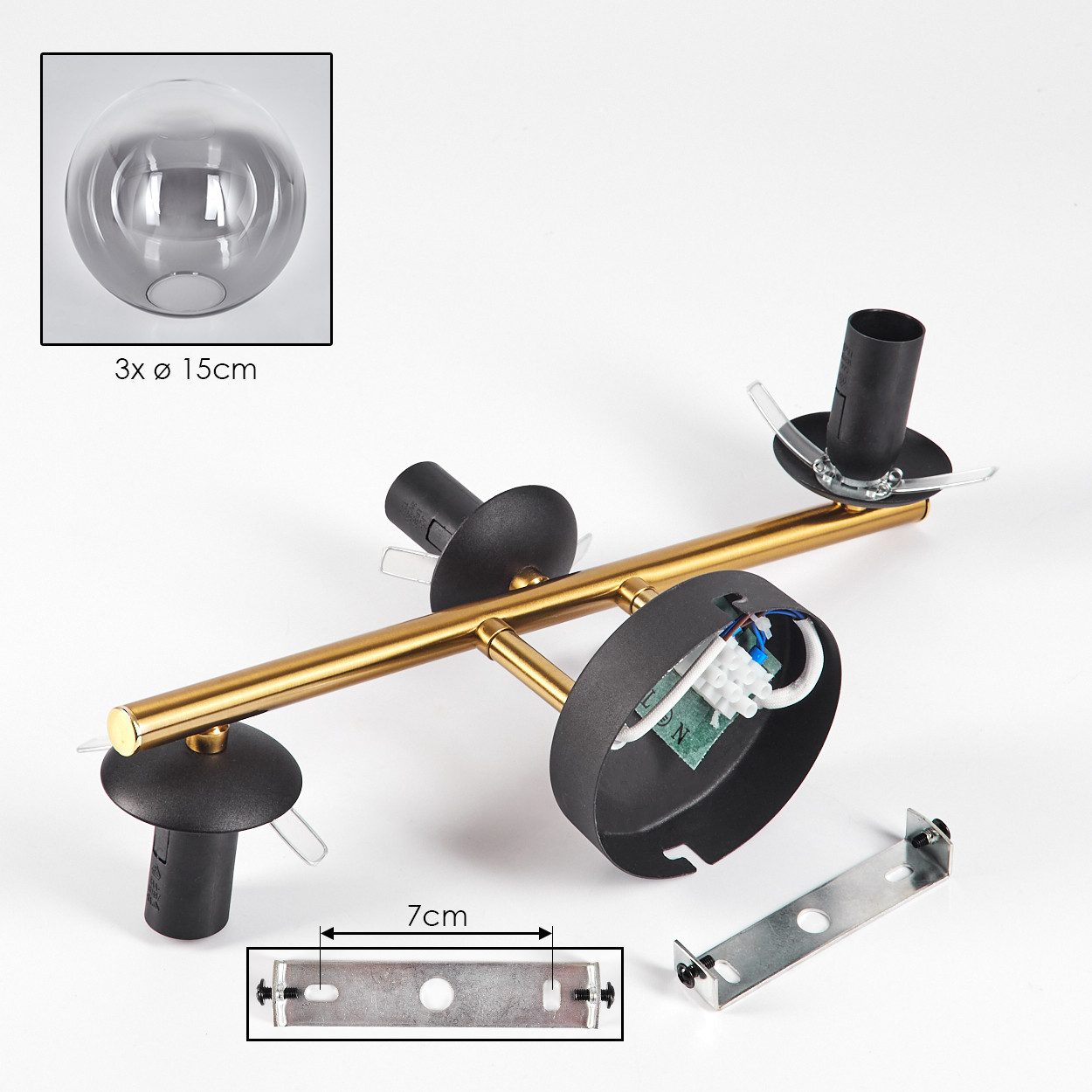 hofstein Deckenleuchte Deckenlampe aus Metall/Glas in Schwarz/Gold-/Rauchfarben/Klar, ohne Leuchtmittel, Leuchte im Retro/Vintage-Design (Schirme Ø 15 cm), 3 x E14