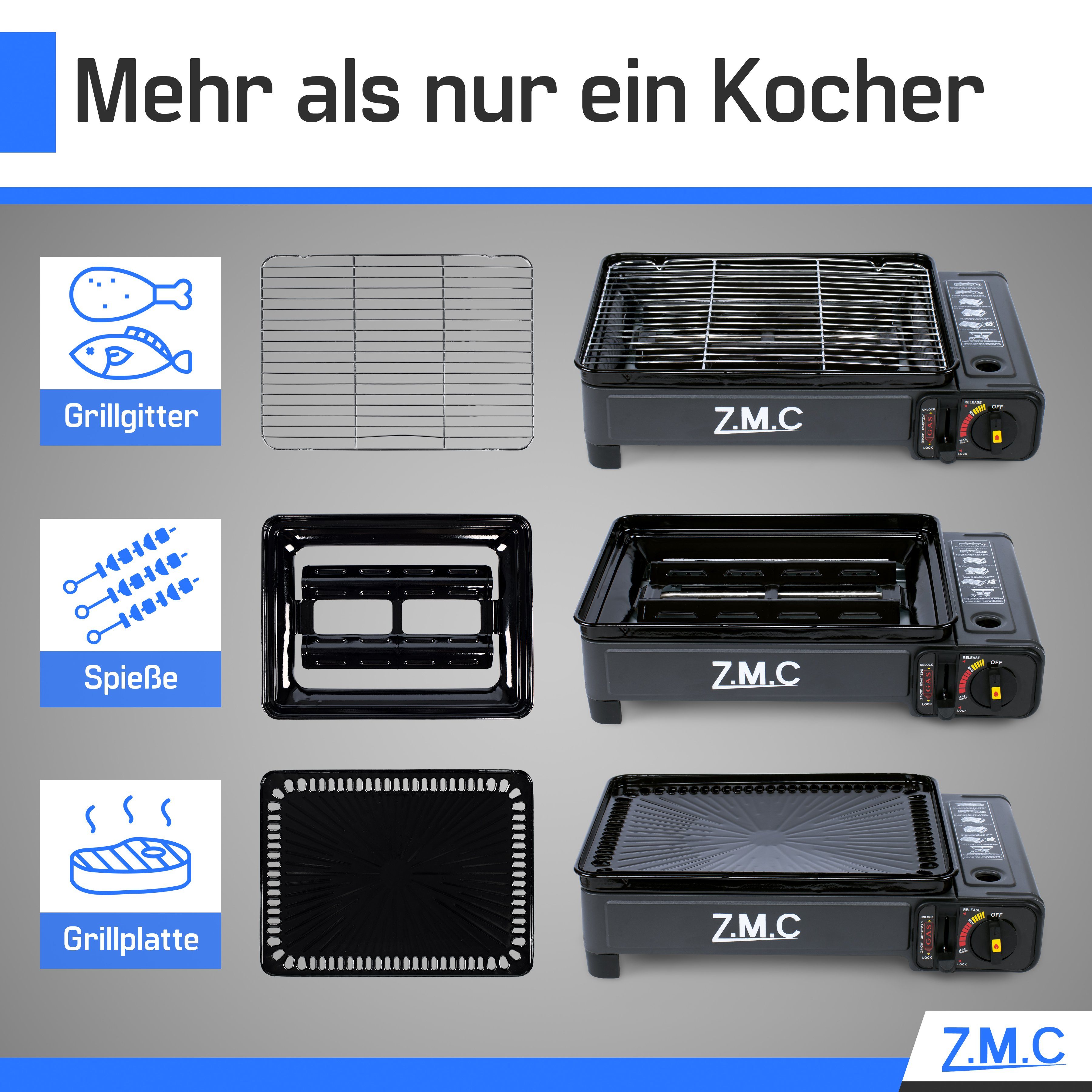 ZMC Gaskocher 2-in-1 Gaskocher inkl. Zubehör einflammiger Camping-Kocher, (mit Grillplatte + Grillrost, stufenlos regulierbar, Tischgrill), mit Tragekoffer, 3,8 – Bild 4 von 5