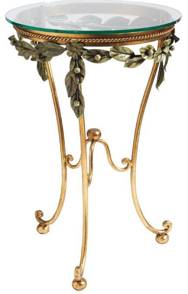 Casa Padrino Beistelltisch Luxus Barock Beistelltisch Gold / Grün Ø 45 x H. 70 cm - Handgeschmiedeter Tisch mit Glasplatte - Barock Möbel