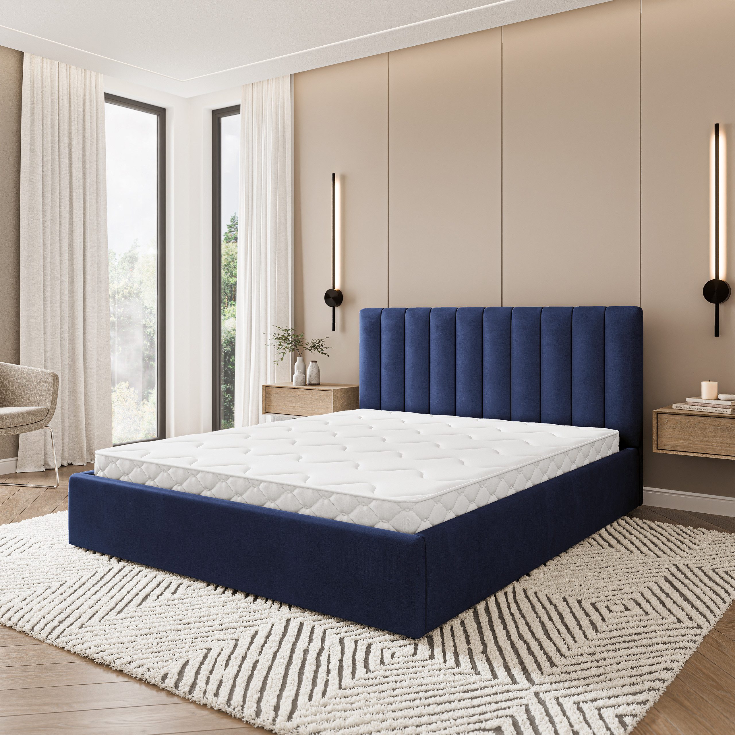 Masseno Polsterbett DEMERA 120x200 cm blau (mit Bettkasten und Lattenrost)