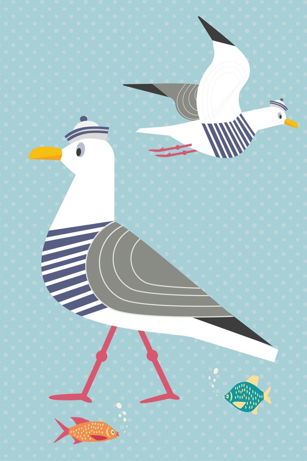 queence Acrylglasbild Möwen und Fische, Comic, Strand, Strandbilder, Vogelbilder, Vögel, Wassertiere, Fine Art-Print in Galeriequalität