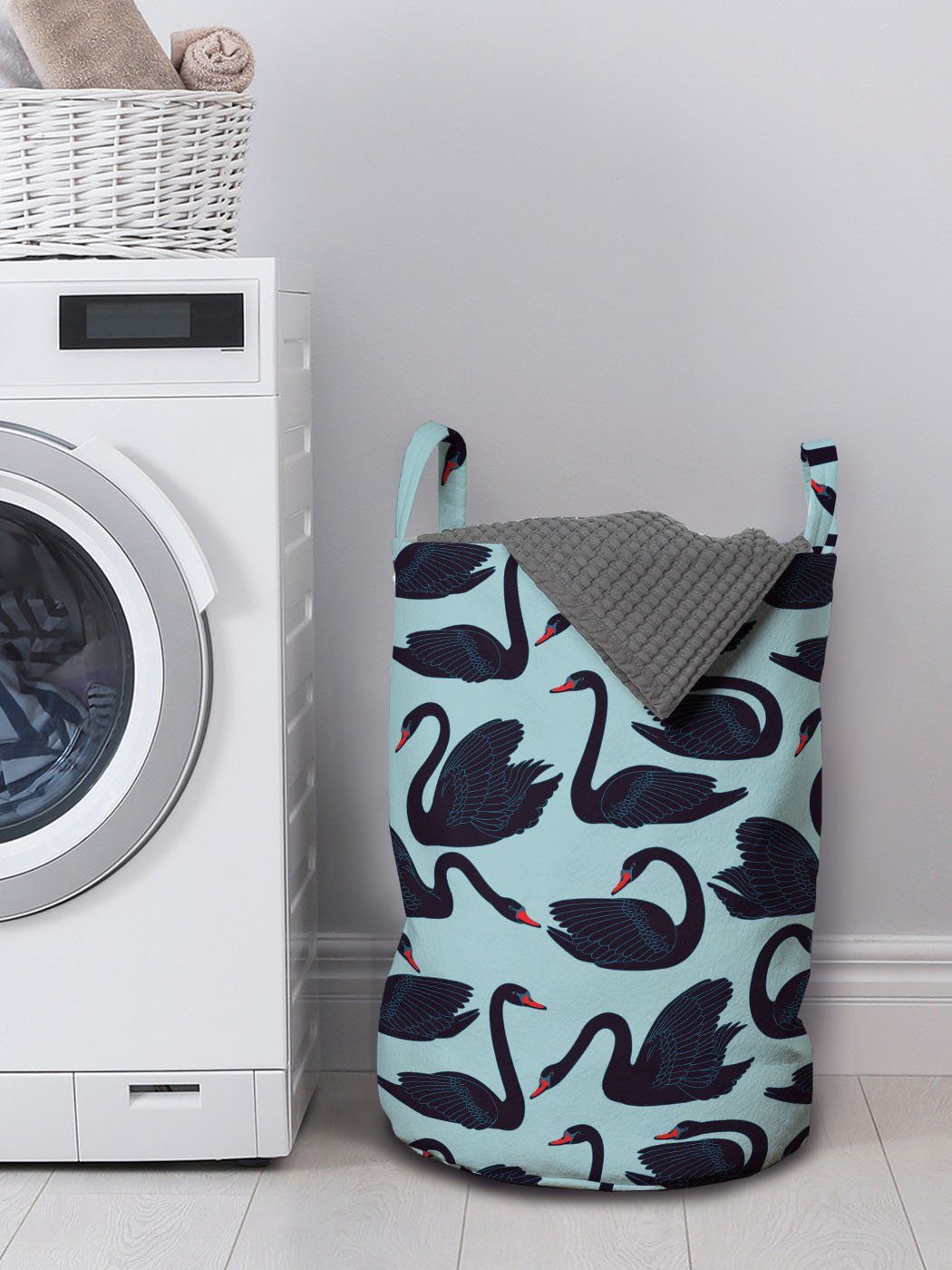 Langhalsiger Wäschekorb für Abakuhaus Wäschesäckchen Kordelzugverschluss Waschsalons, Griffen mit Schwan Wasservogel