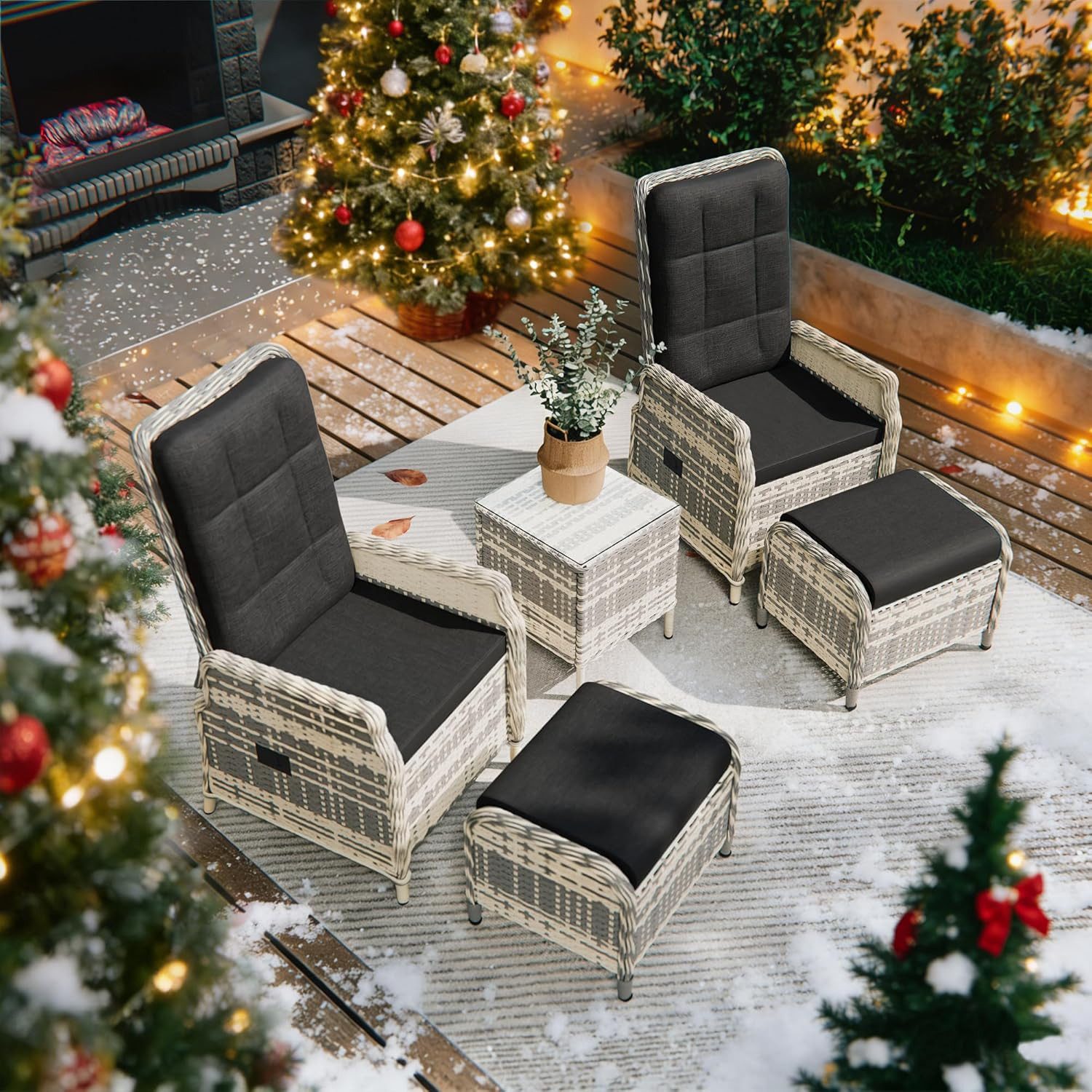 GOTLAND Gartenlounge-Set Balkonset 2 Personen, Rattan Gartenmöbel-Set, Lounge Möbel Outdoor, (5-tlg), mit 118° Rückenlehne & Fußhocker, hochwertige Polster & Glastisch