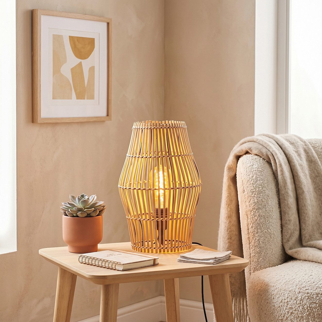 hofstein Tischleuchte Tischlampe aus Metall/Bambus in Schwarz/Naturfarben, ohne Leuchtmittel, Tischleuchte im Boho-Design, Lichteffekt, Schalter am Kabel, 32cm, E27