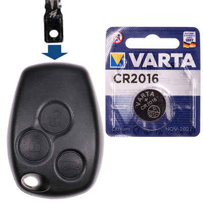 mt-key Auto Schlüssel Ersatz Gehäuse 3 Tasten + VARTA CR2016 Knopfzelle, CR2016 (3 V), für Renault CLIO III KANGOO II TWINGO II Funk Fernbedienung