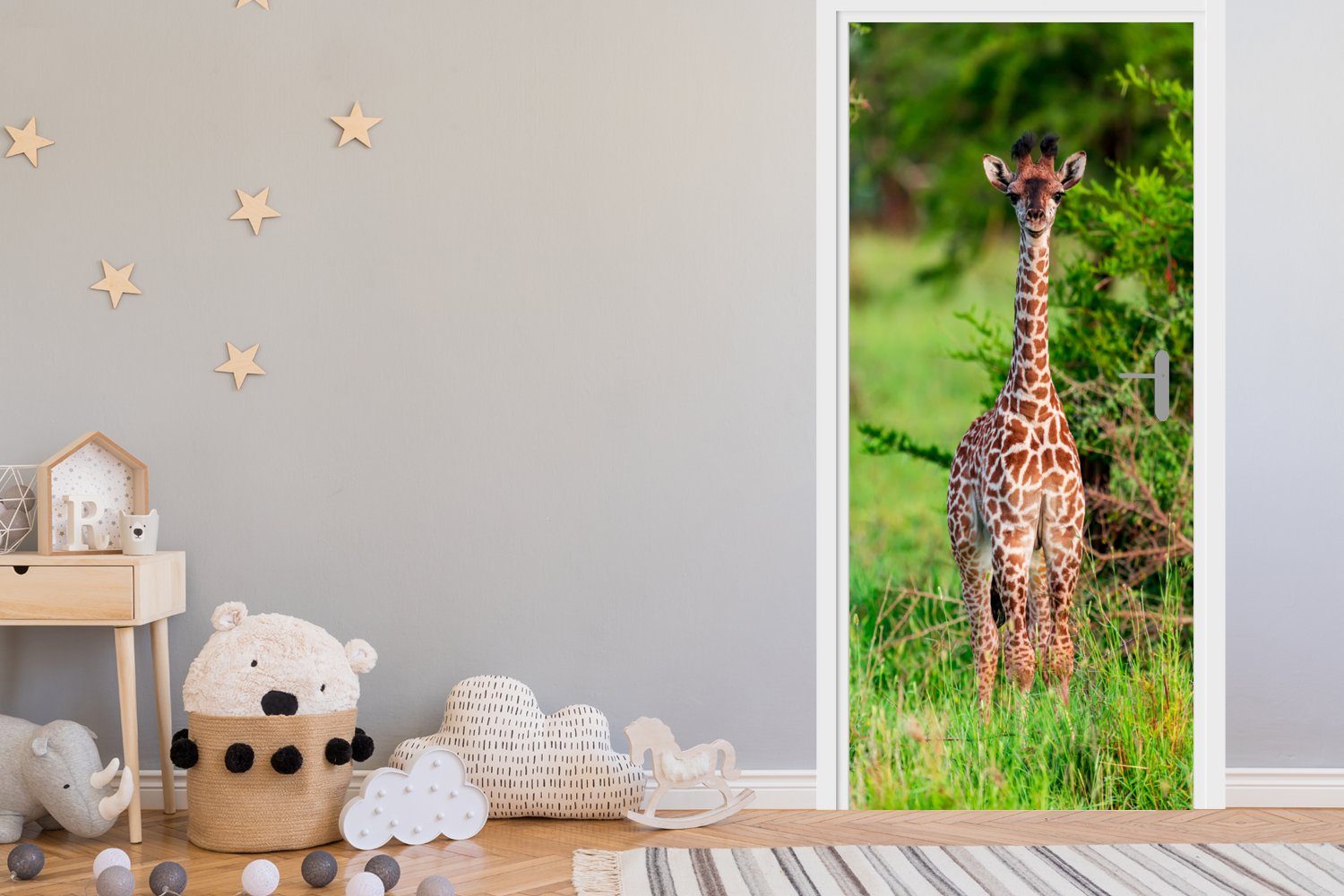 Giraffe Türtapete St), Baby (1 Tür, - MuchoWow Türaufkleber, Pflanzen, bedruckt, Matt, für Fototapete - cm 75x205