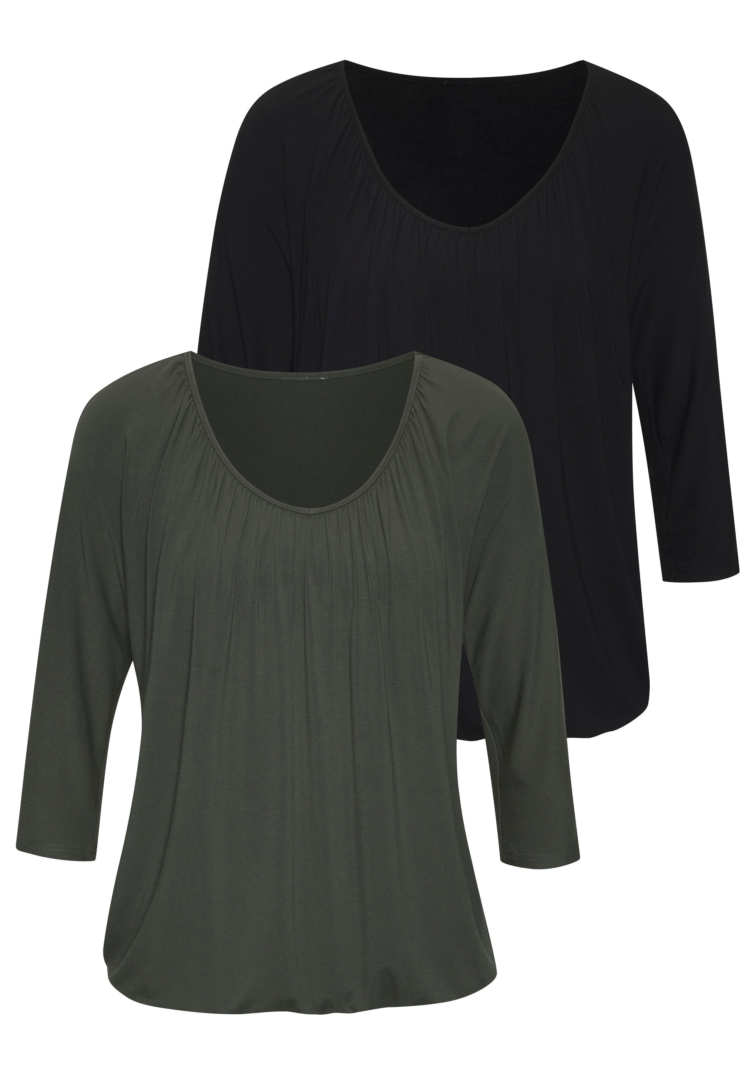 Lascana 3/4-Arm-Shirt mit zarter Raffung am Ausschnitt (2er-Pack) aus luftigem Viskose-Stretch
