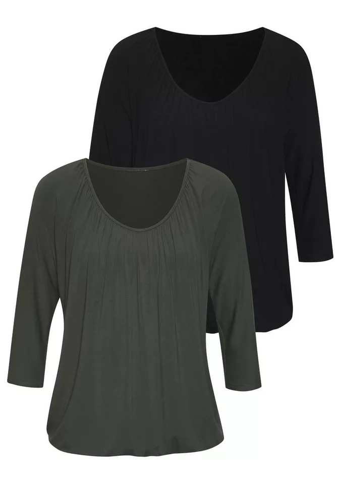 Lascana 3/4-Arm-Shirt mit zarter Raffung am Ausschnitt (2er-Pack) aus luftigem Viskose-Stretch