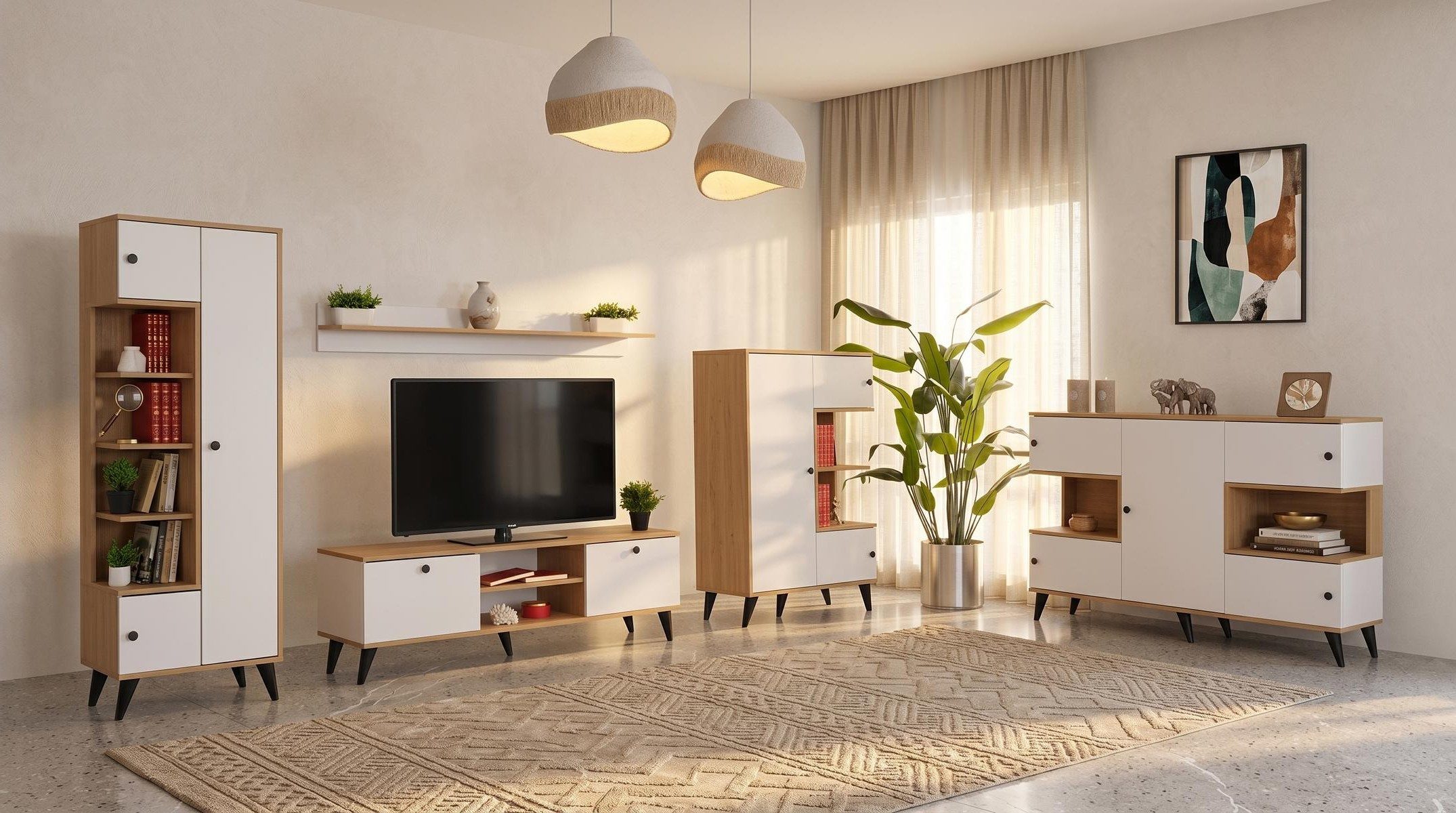 Xlmoebel Wohnwand Weißes TV-Möbelset mit Regal und Schubladen für das Wohnzimmer, Made in Europa