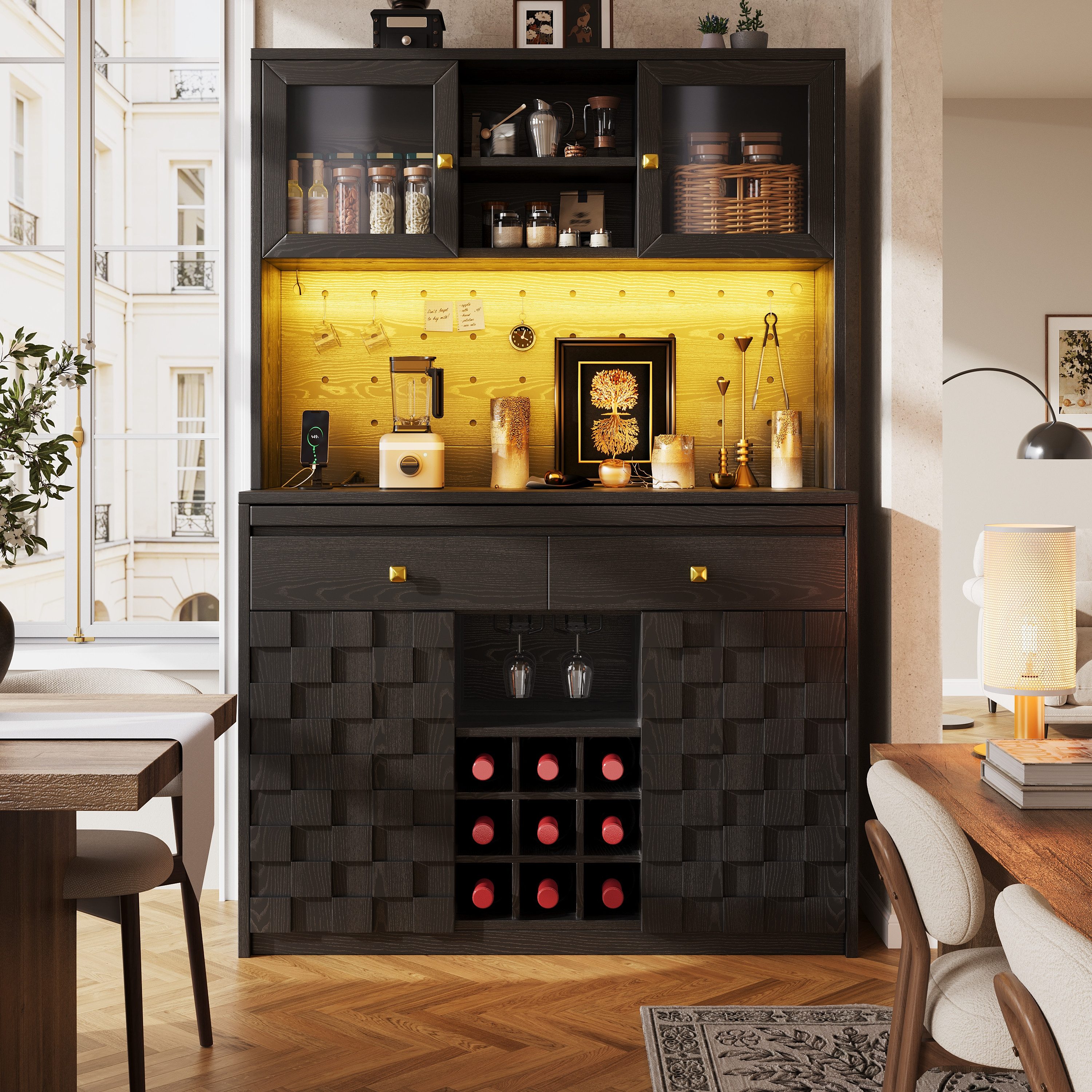 Celya Hochschrank Küchenschrank mit LED Lichtband, USB-Ladebuchsen, Lochwand (mit Acrylfront, verstellbare Einlegeböden, Weinflaschenhalter)