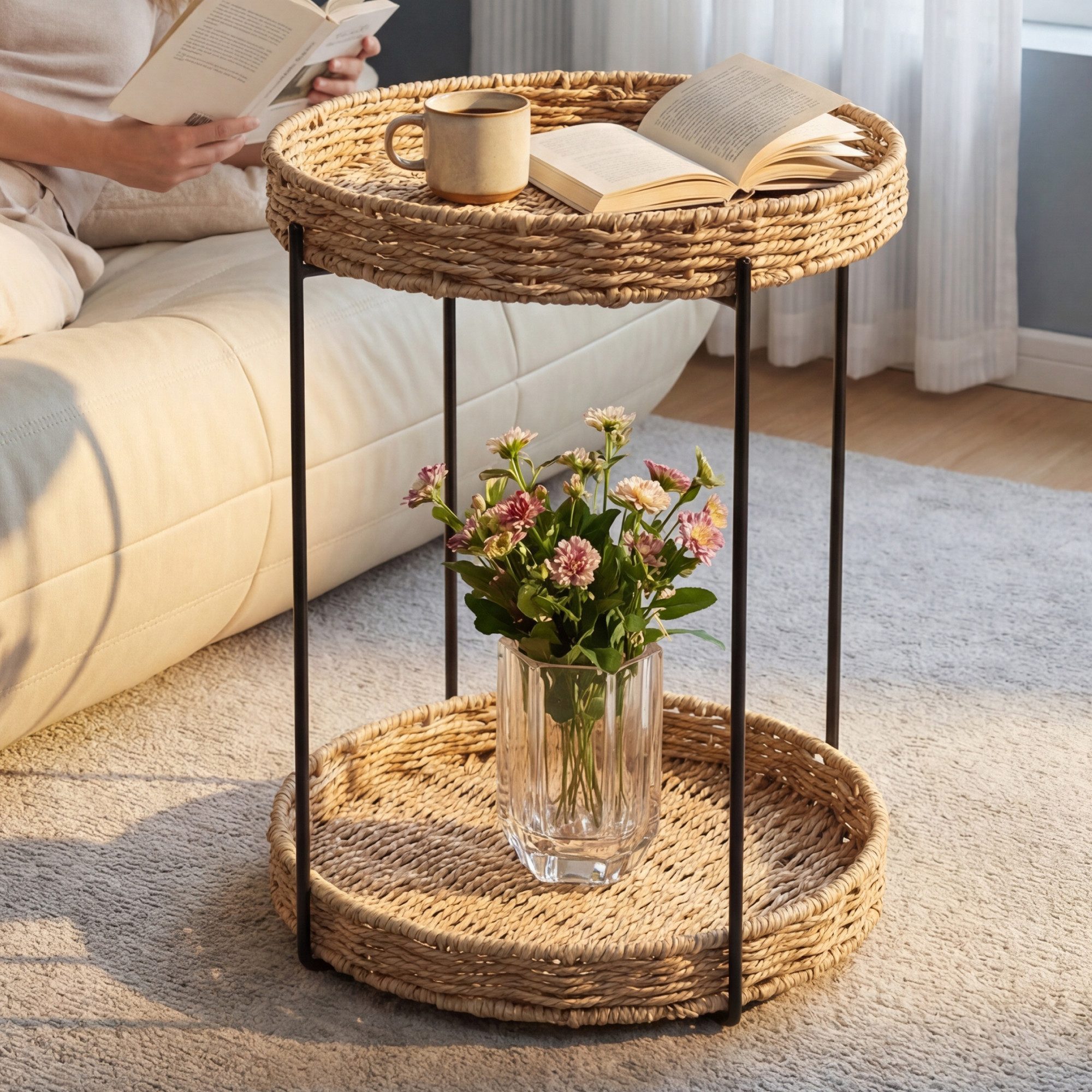 doporro Beistelltisch Couchtisch kleiner Tisch mit 1/2 geflochtenen Ablagen rund Reglo-08, Zwei Materialien zur Auswahl