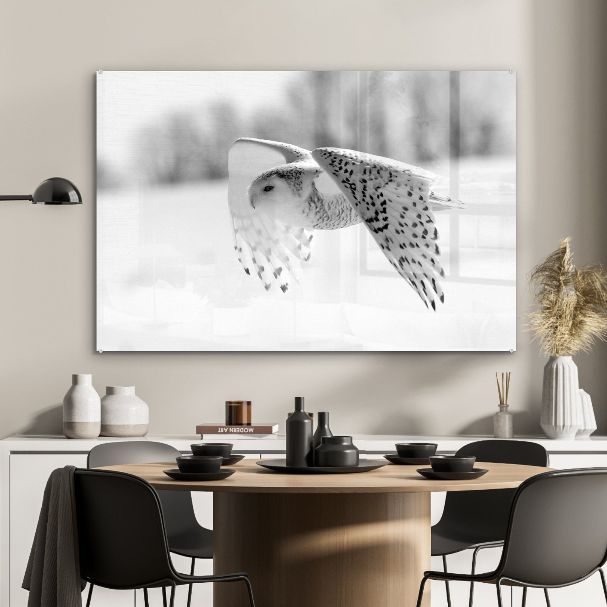 MuchoWow Acrylglasbild Schnee-Eule fliegt schwarz Acrylglasbilder Wohnzimmer - über St), Winterlandschaft & (1 und weiß, Schlafzimmer eine