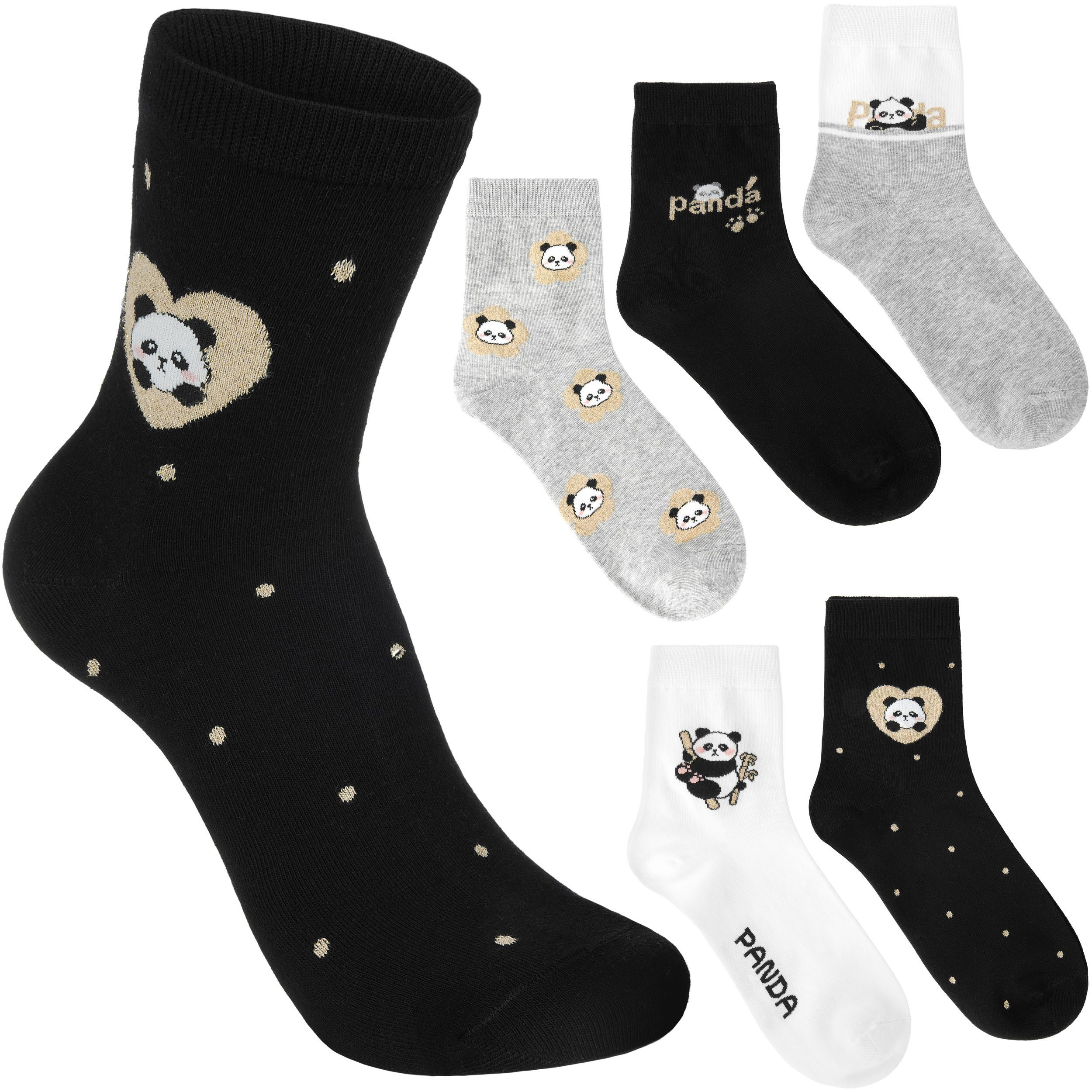 BRUBAKER Socken Lustiges Damensocken Set mit süßen Bären - Cute Panda (Schwarz, Grau, Weiß und Glitzer, 5-Paar, Bärensocken Geschenkset für Frauen) Weich und Kuschelig