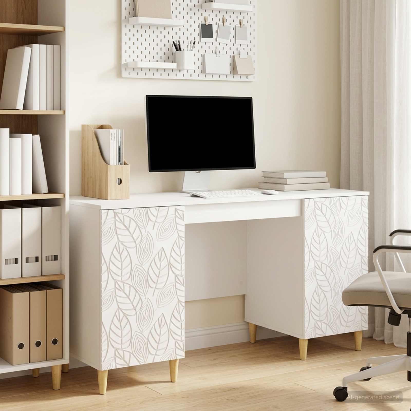 furnicato Schreibtisch 142,5 x 50 x 75 cm Hochglanz weiß (1-St), Arbeitstisch mit Brettregalen und Pendeltür für dein Wohnzimmer