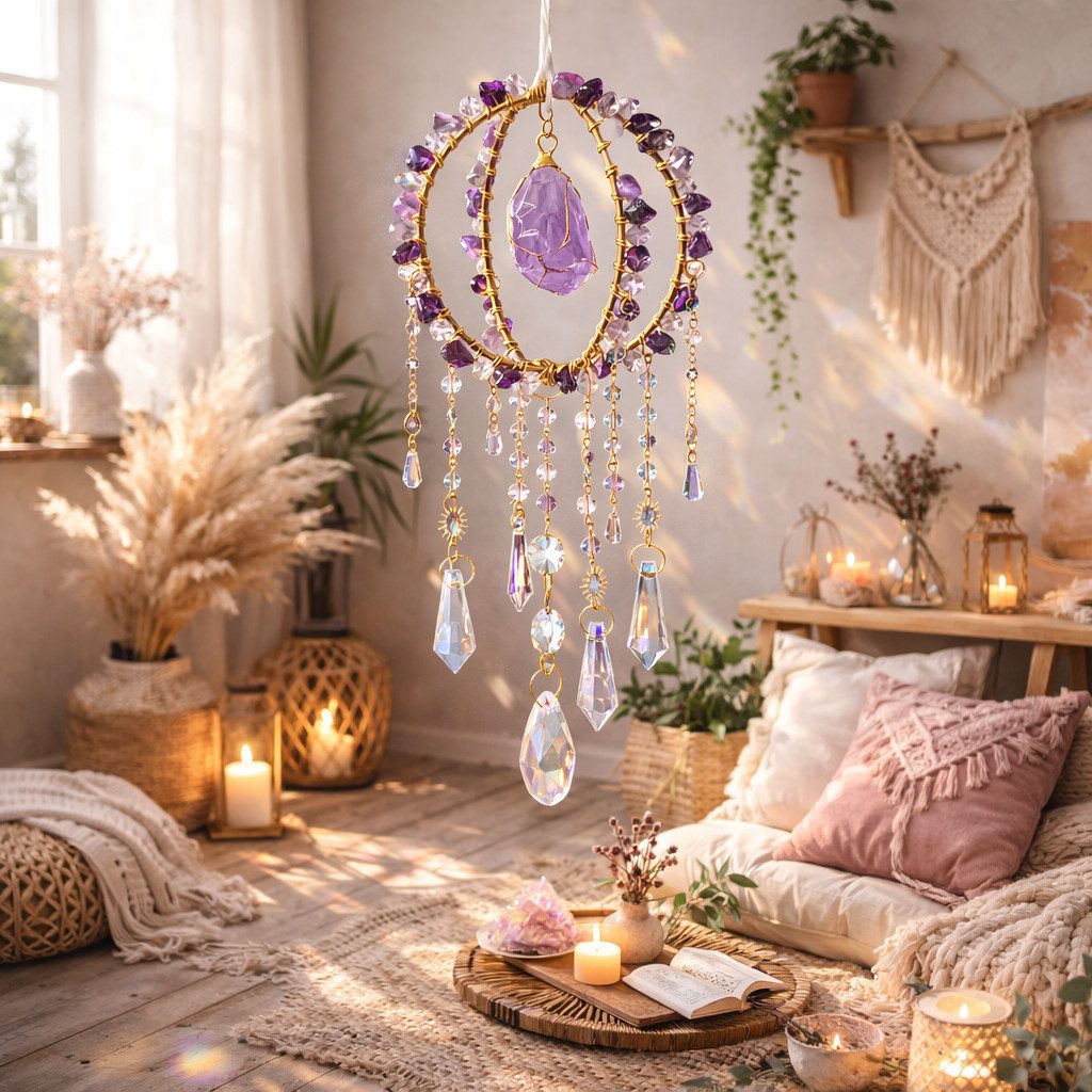 Karmandala Traumfänger Fenster Sonnenfänger mit Kristall, echte Edelsteine, mit Regenbogen Lichtspiel in die Traumwelt