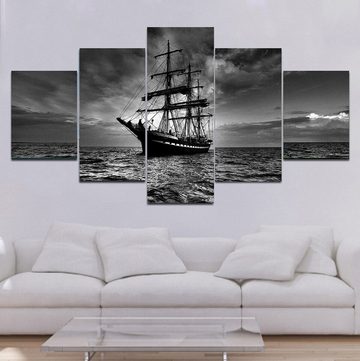 TPFLiving Kunstdruck (OHNE RAHMEN) Poster - Leinwand - Wandbild, 5 teiliges Wandbild - Segelschiff auf hoher See (Leinwandbild XXL), Farben: Schwarz, Weiß - Größe: 10X15 10X20 10X25cm