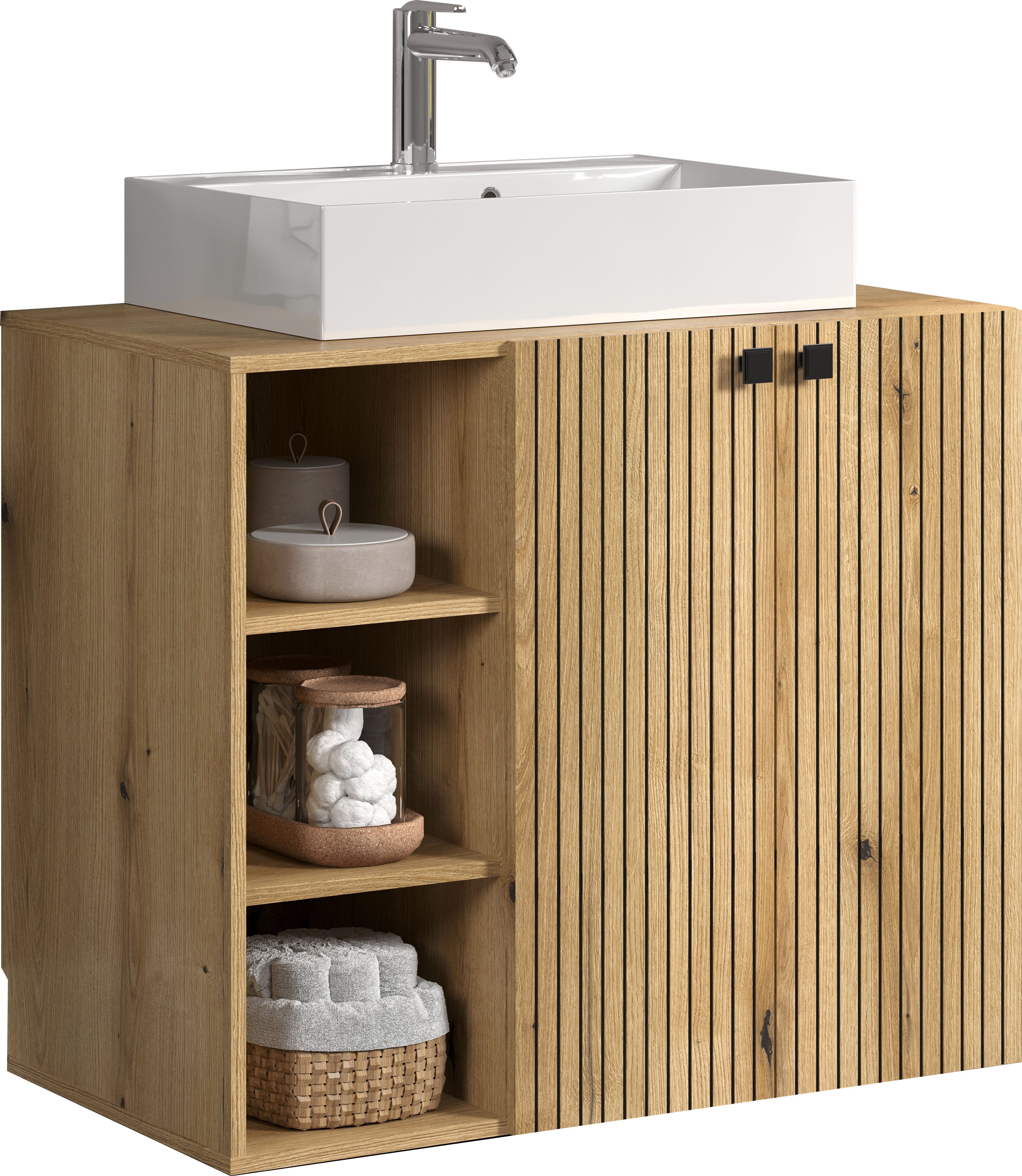 welltime Waschtisch Amrum Waschbeckenunterschrank und Waschbecken (2-St), Waschbeckenunterschrank mit Rillenoptik - Maße (B/T/H) 90/53/79 cm