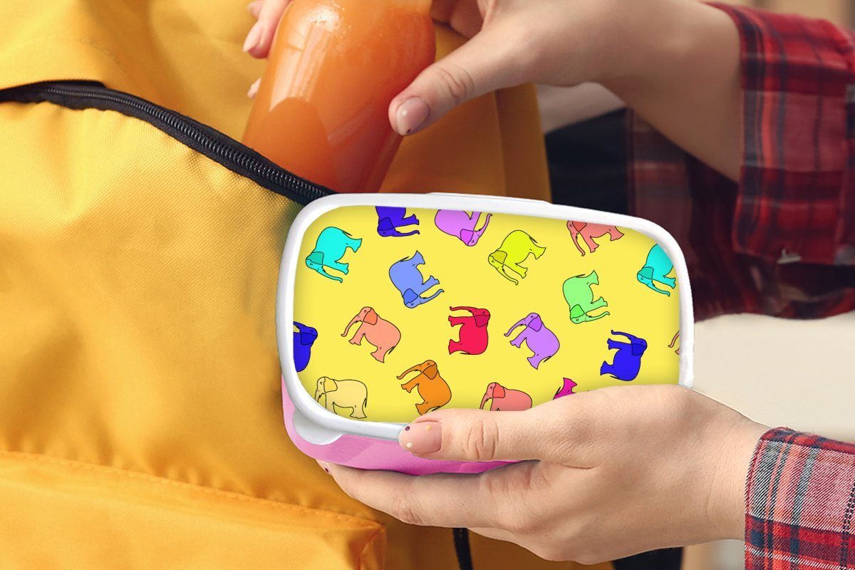 für MuchoWow Elefant Brotbox Snackbox, Kunststoff rosa - Muster, Erwachsene, Kinder, (2-tlg), - Kunststoff, Brotdose Lunchbox Gelb Mädchen,