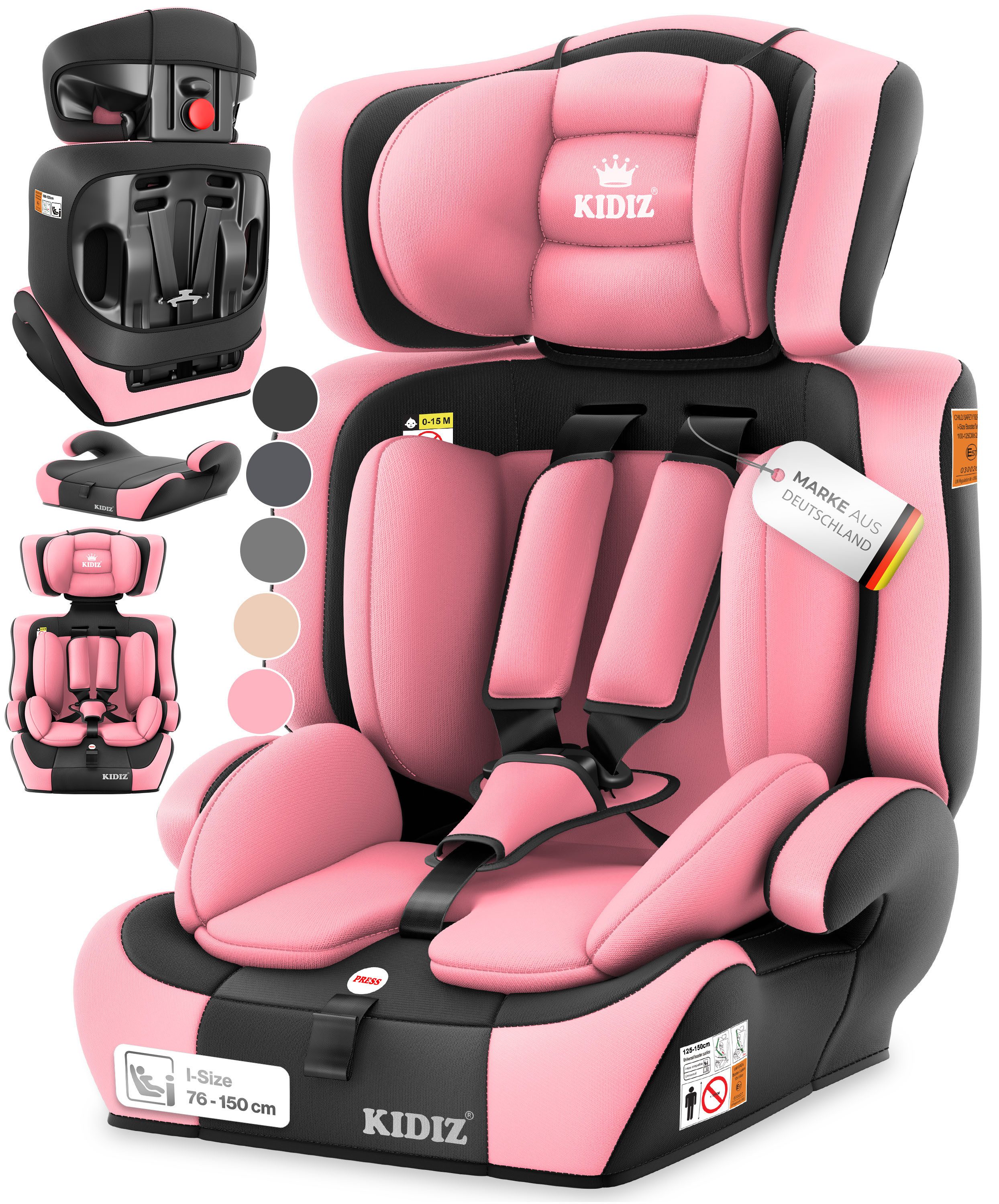 KIDIZ Autokindersitz 9-36kg Körpergewicht & 76-150cm Körpergröße, wächst mit ihrem Kind, bis: 1-12 Jahre, Geprüft & Zugelassen nach ECE R 129/03