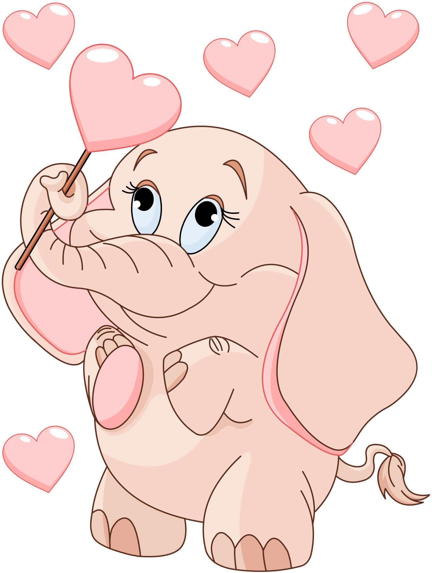 Wall-Art Wandtattoo Elefantenbaby mit Herzen + Leuchtsticker rosa
