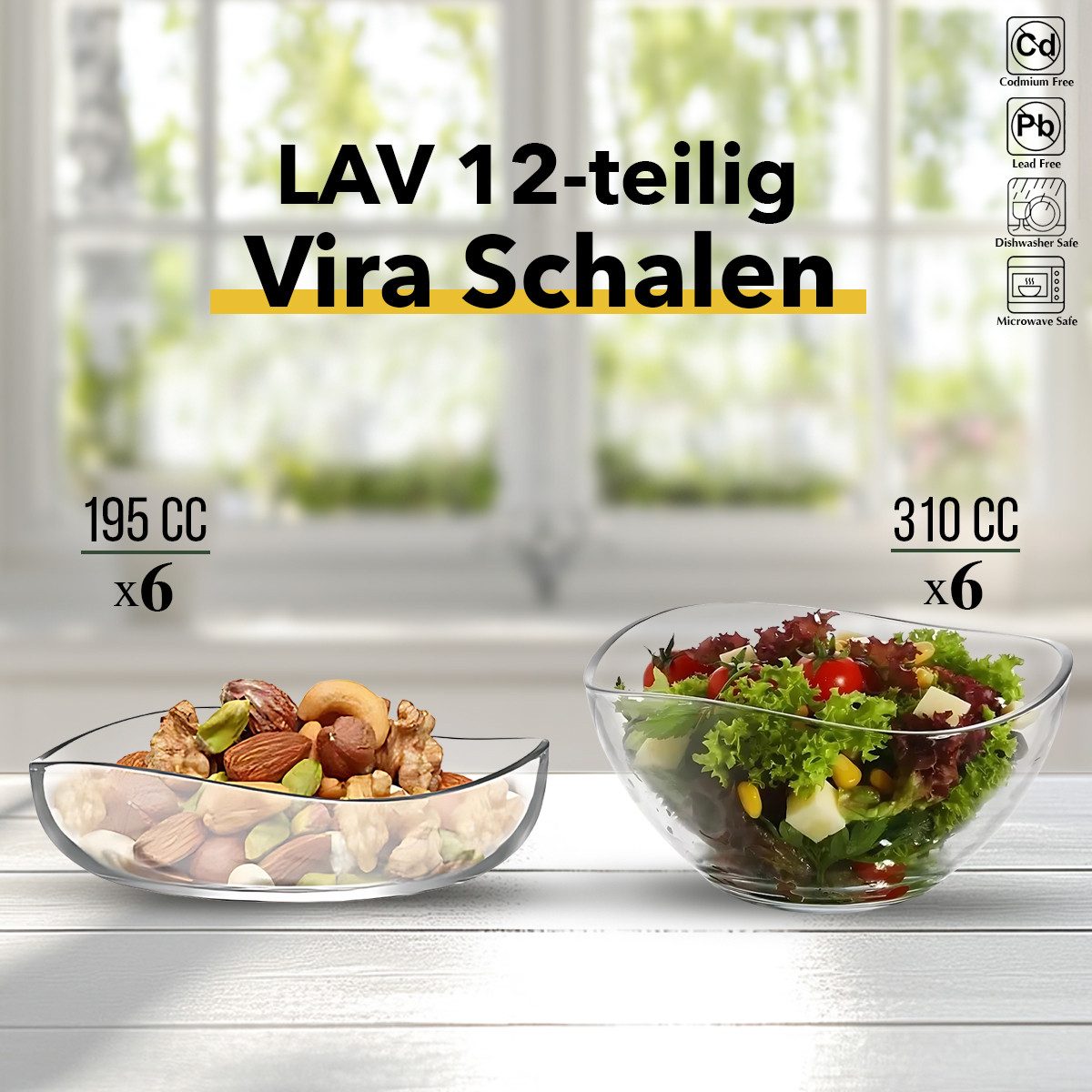 LAV Schale 12-teiling Schalen Set - 6x 195 ml + 6x 310 ml, Glas, (12er-Set, 6-tlg), 2 Größen, Spülmaschinengeeignet