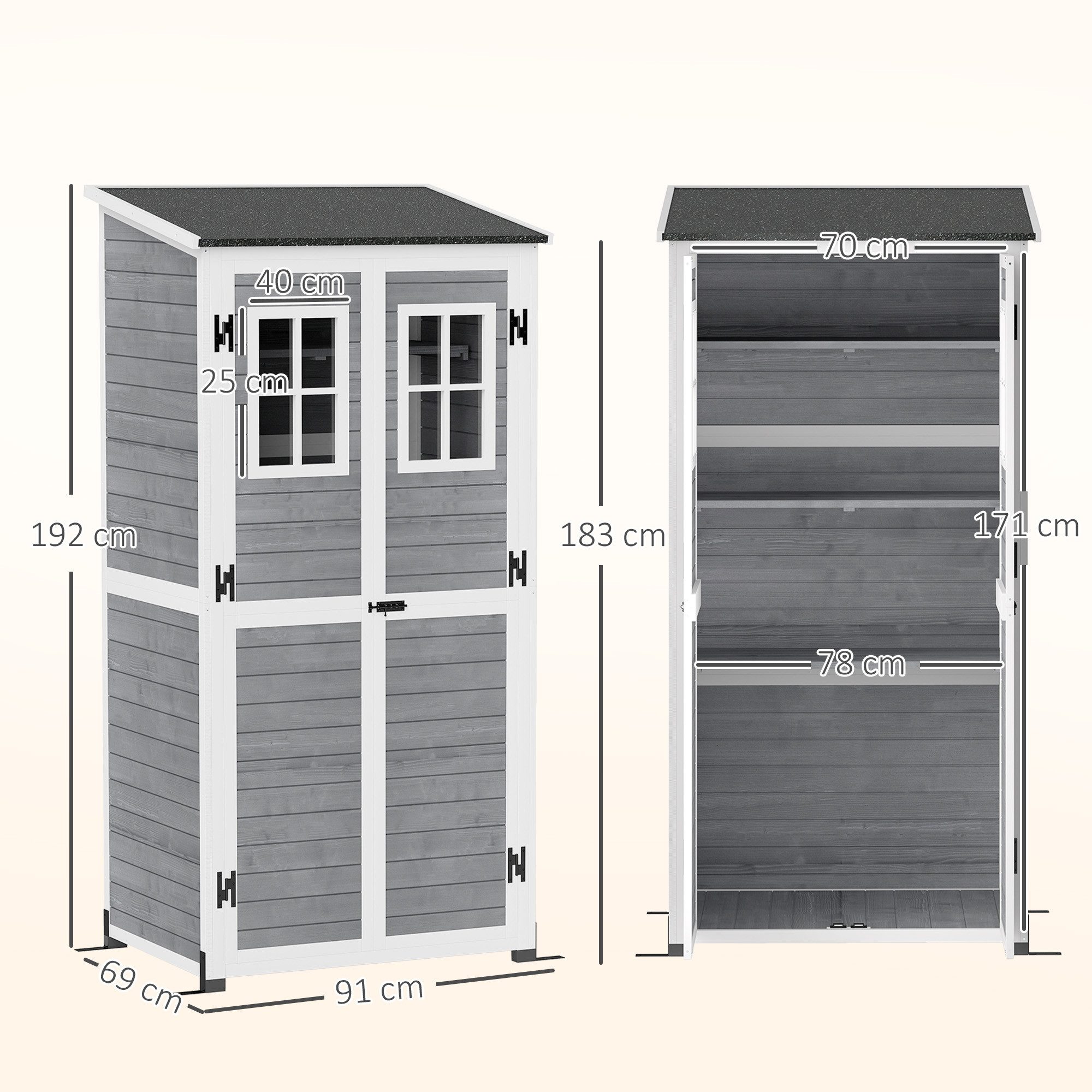 Outsunny Gerätehaus mit Abschließbar Tür, 2 Fenstern, Bodenplatte, Asphalt-Pultdach, BxT: 91x69 cm, (wetterfest Geräteschuppen, 1 St., Gartenschrank aus Holz), 91 x 69 x 192 cm, für Garten, Terrasse, Hellgrau