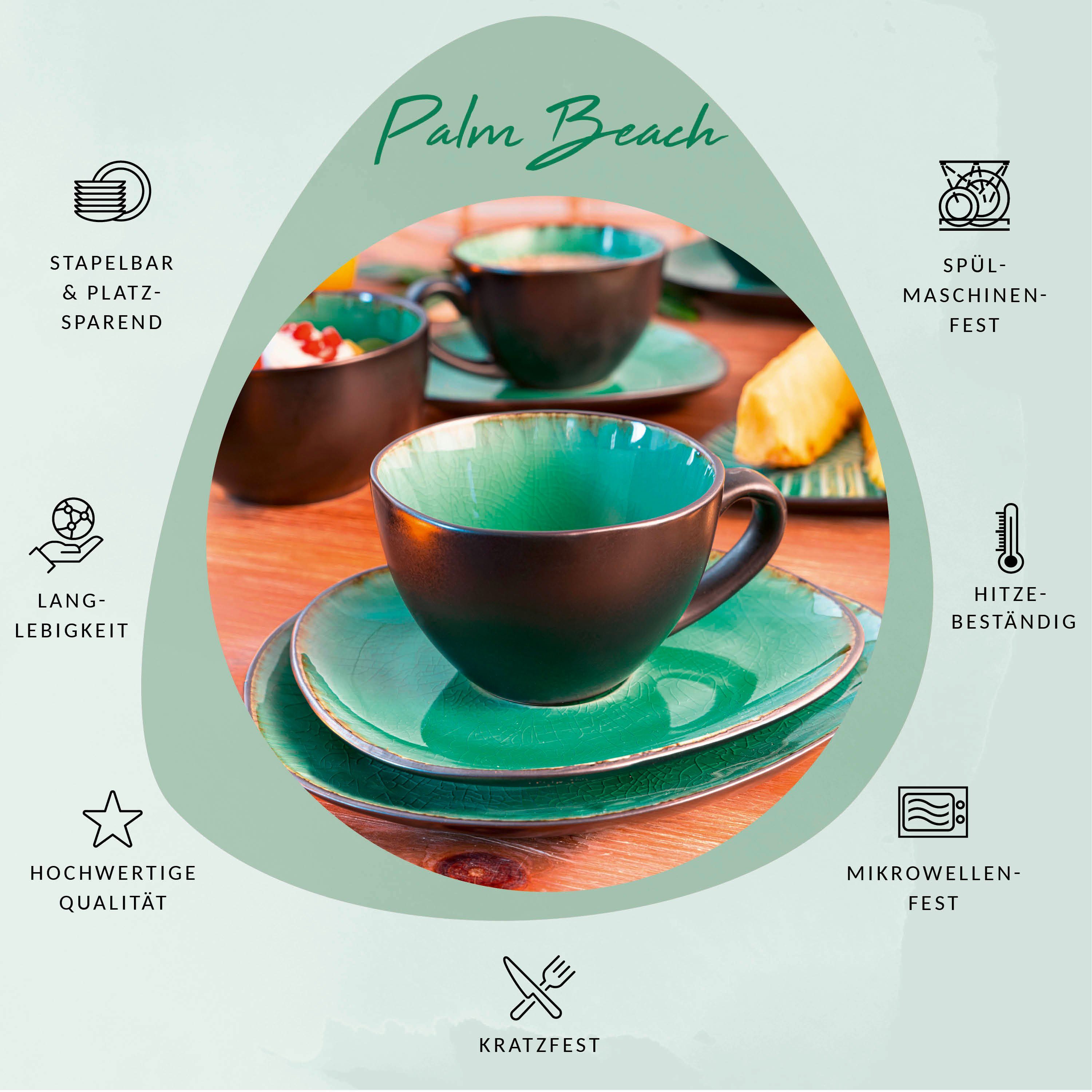 SÄNGER Espressotasse Palm Beach Set Grün Schwarz Espressobecher, 8-tlg., Steingut, Handmade, Premium Collection