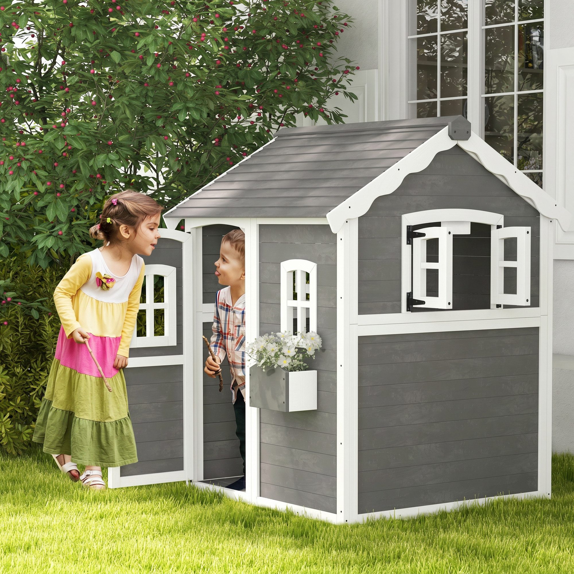 Outsunny Spielhaus Kinderspielhaus Holz mit Tür Fenster Pflanzkasten Gartenhaus, Kinderhaus für Kinder 3-8 Jahre