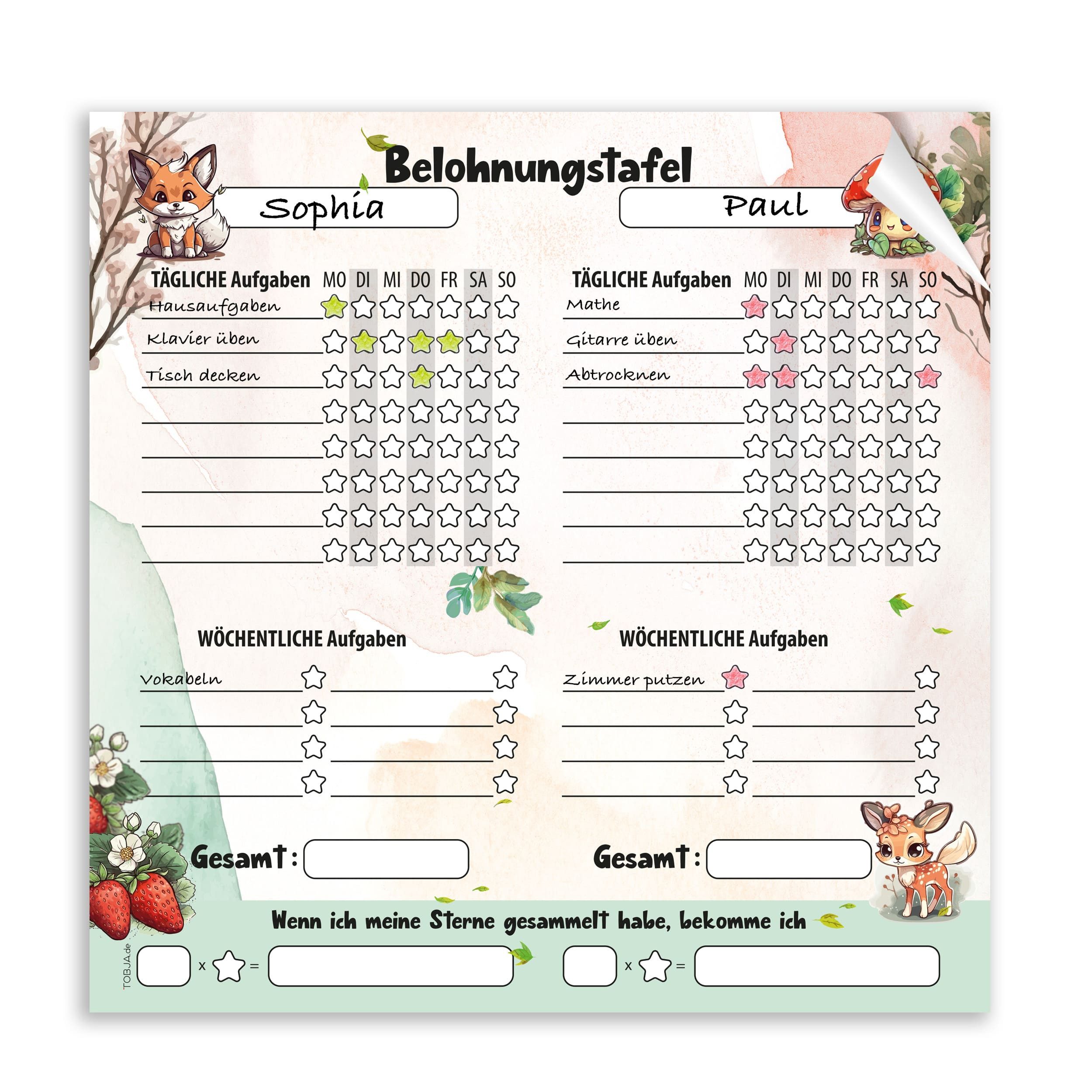 TOBJA Notizblock Belohnungstafel zwei Kinder Abreißblock Waldtiere, 25 Seiten, 30x30 Jungs und Mädchen