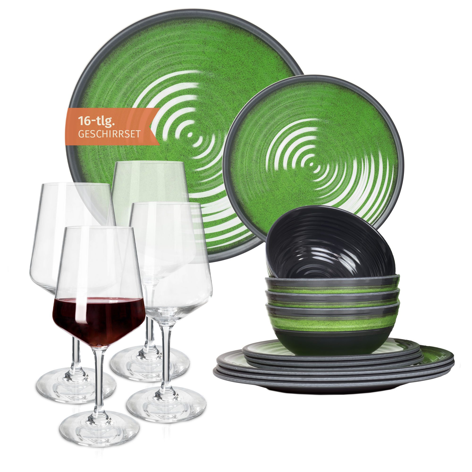 Moritz Geschirr-Set Camping Geschirr Stone Green + Milano Rotweingläsern