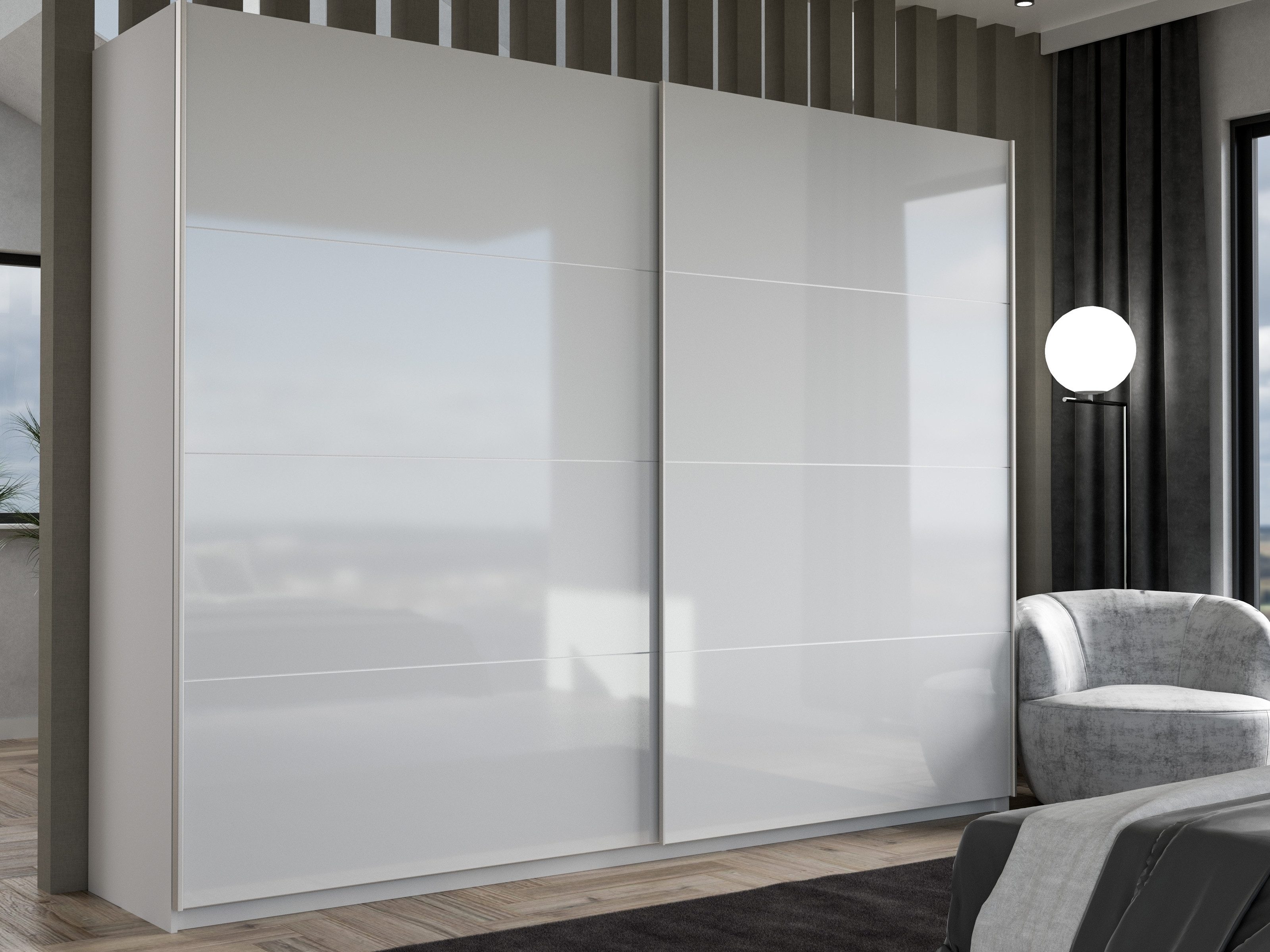 FORTE Schwebetürenschrank in Weiß/ Weiß Glanz, 269,9x209,7x61,2cm B/H/T