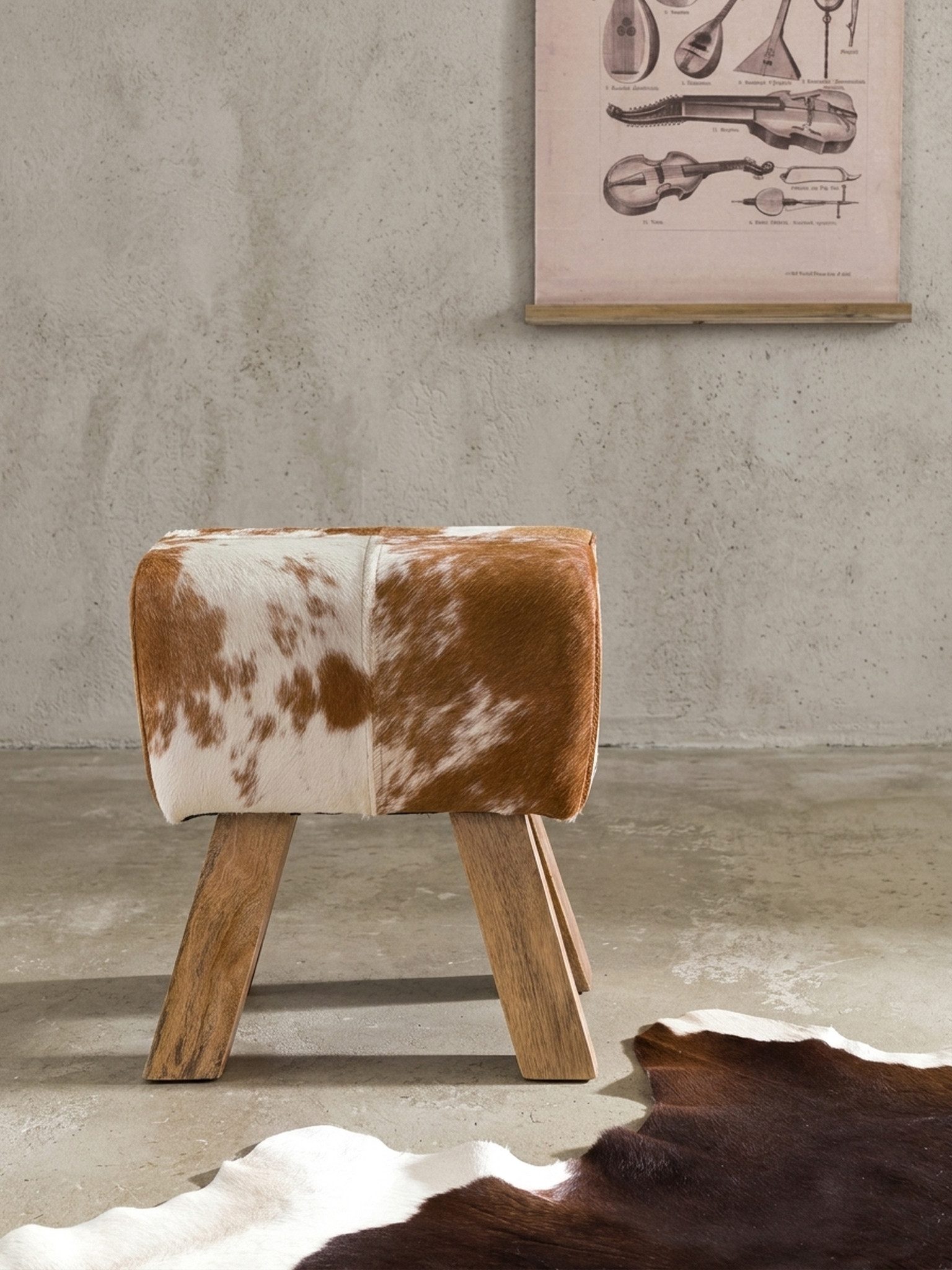 KADIMA DESIGN Sitzhocker Design Turnbock Sitzhocker Ziegenfell Braun / Weiß 40 x 30 x 47 cm (Beistellhocker Fußhocker), Turnhocker Hocker Fellhocker Springbock
