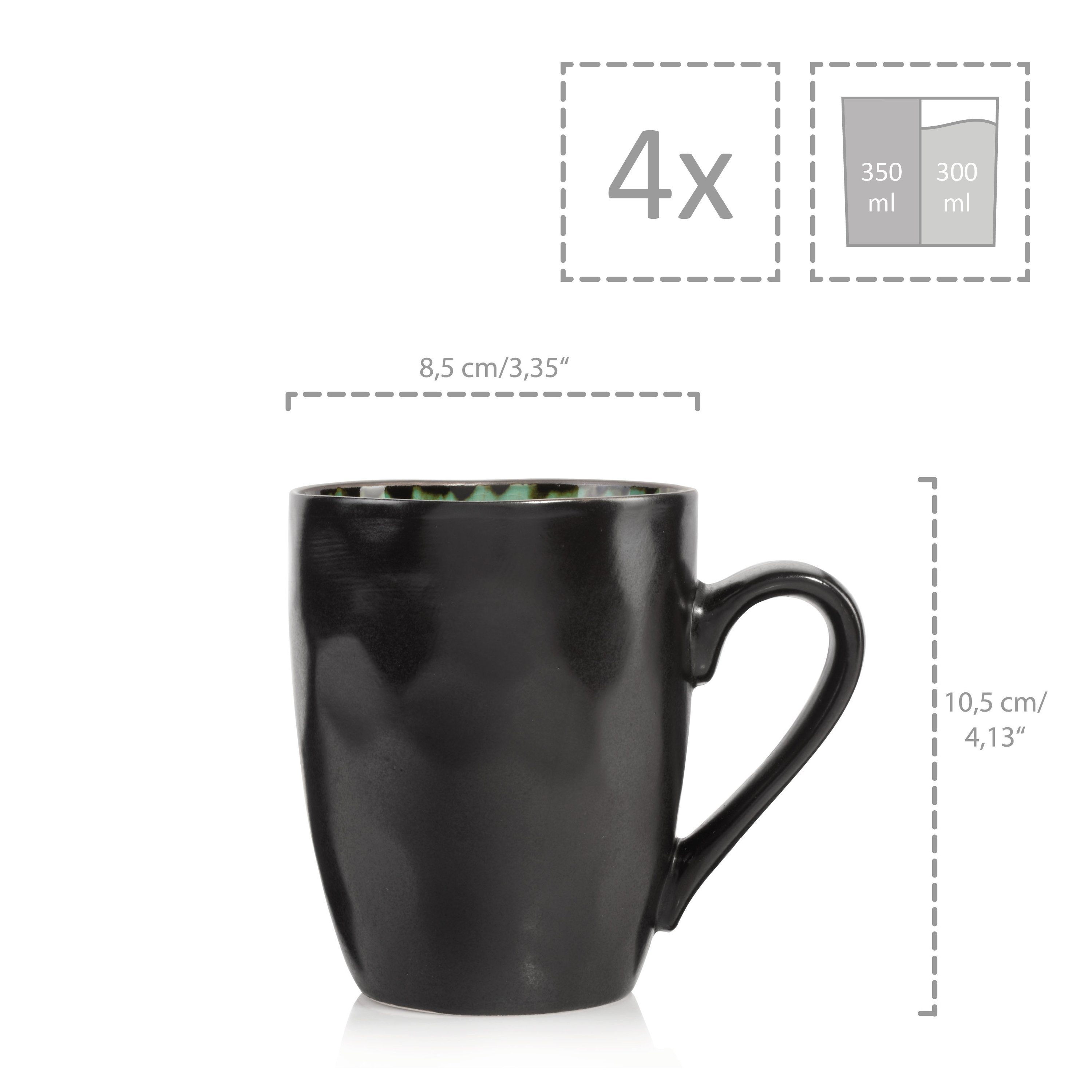 SÄNGER Becher Palm Beach Kaffeebecher Grün Schwarz, 4-tlg., Steingut, 300 ml, Handmade, Premium Collection – Bild 5 von 5